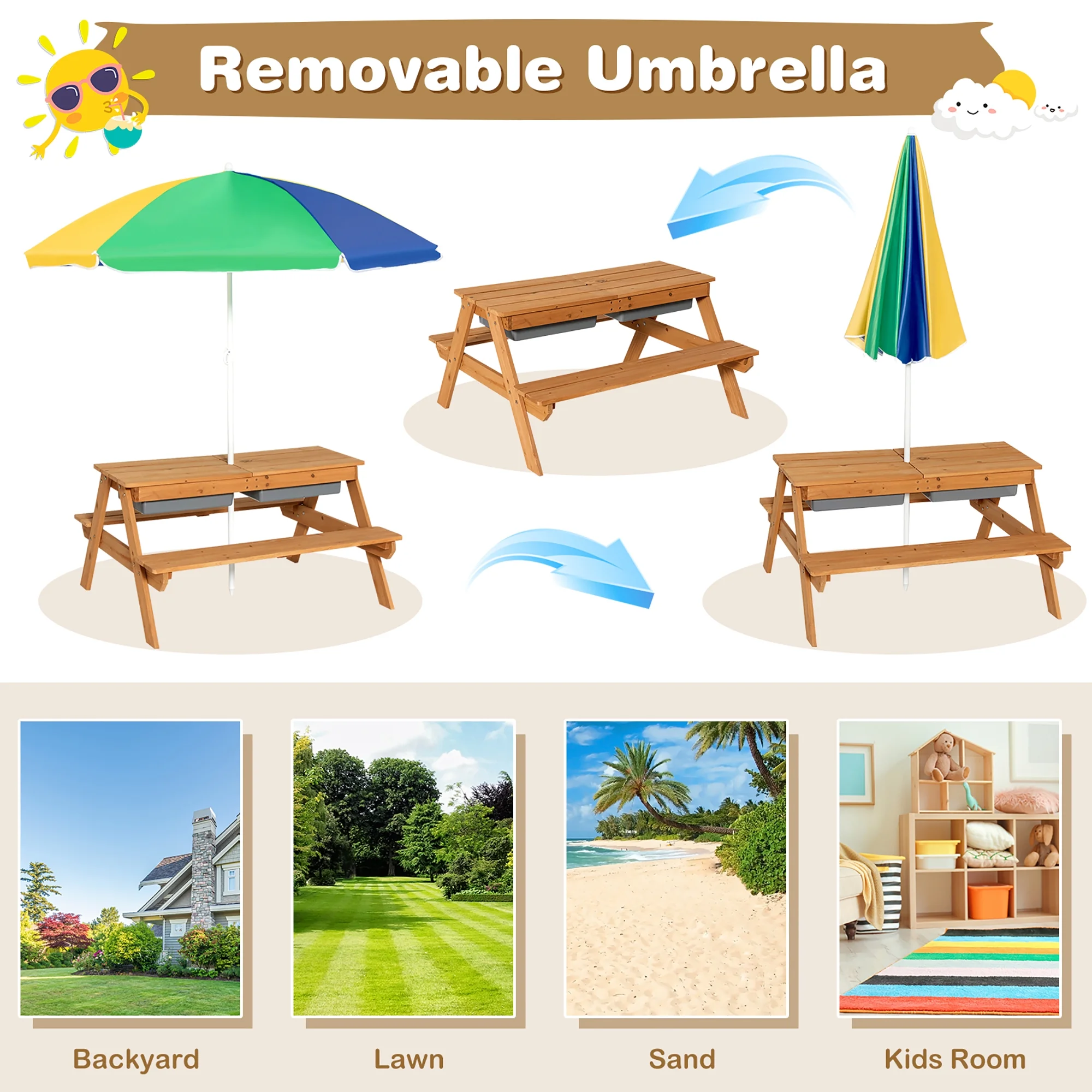 3-in-1 Kids Picnic Table Wooden Outdoor Sand Water Table with Umbrella Play Boxes Green(Green) - Image 10