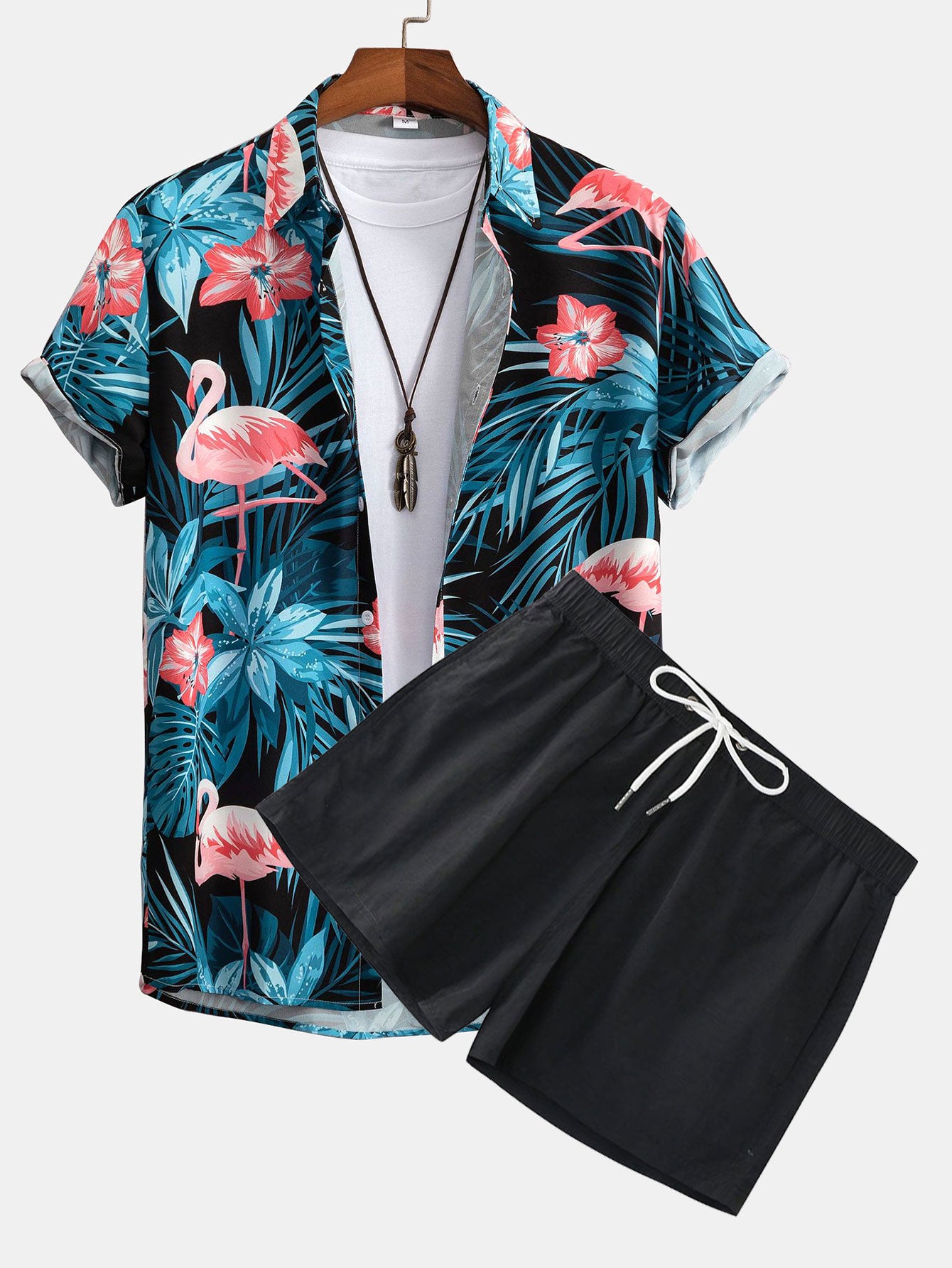 Chemise boutonnée à imprimé tropical flamants roses et short de bain court