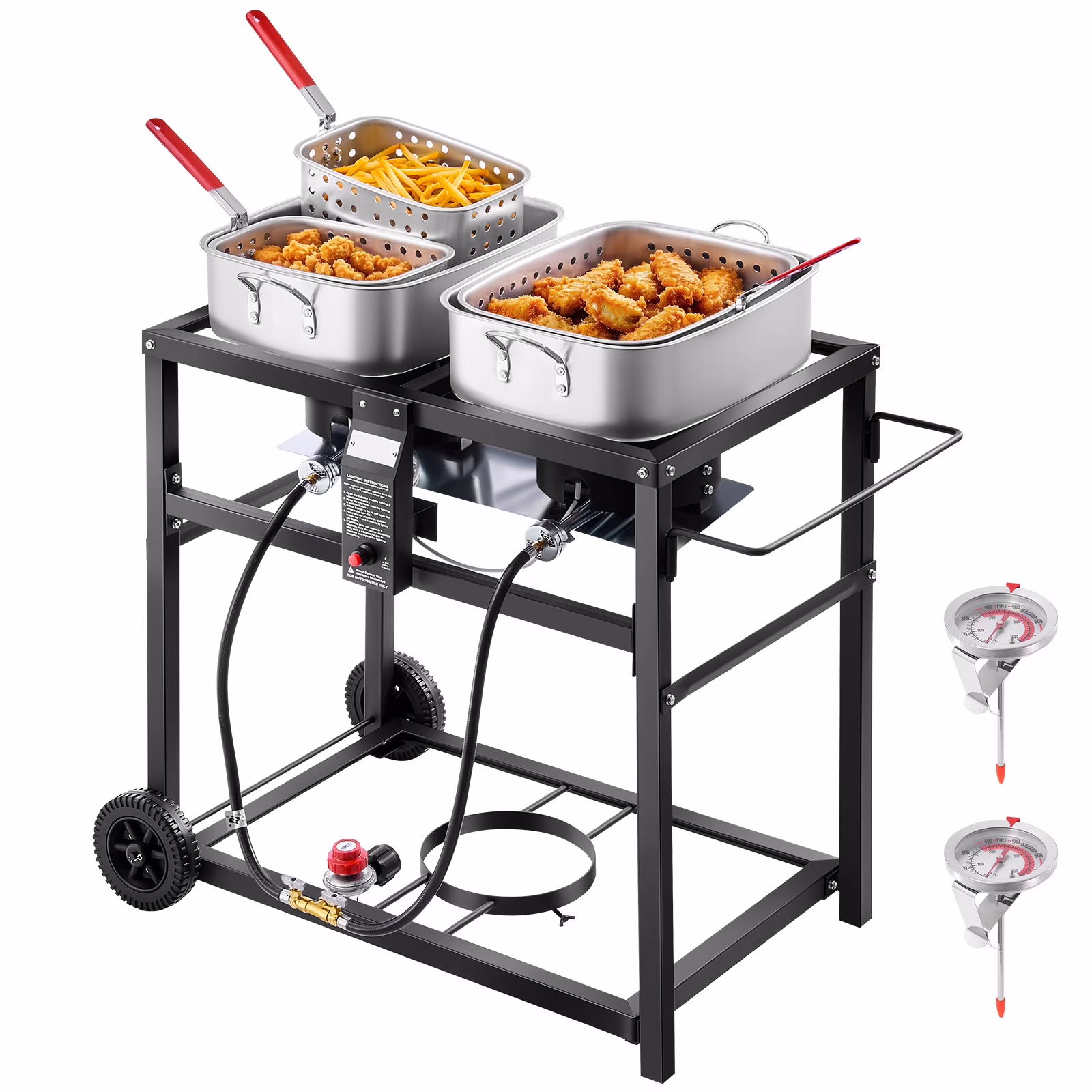 KFFKFF Outdoor Propane Deep Fryer, Dual - Tank 18QT x 2 Commercial Fryer, Portable Frying Cart with Wheels, 3 Baskets, 2 Thermometers, Stainless Steel Cooker for Fish, Wings, and Fries, 40, 000 BTU