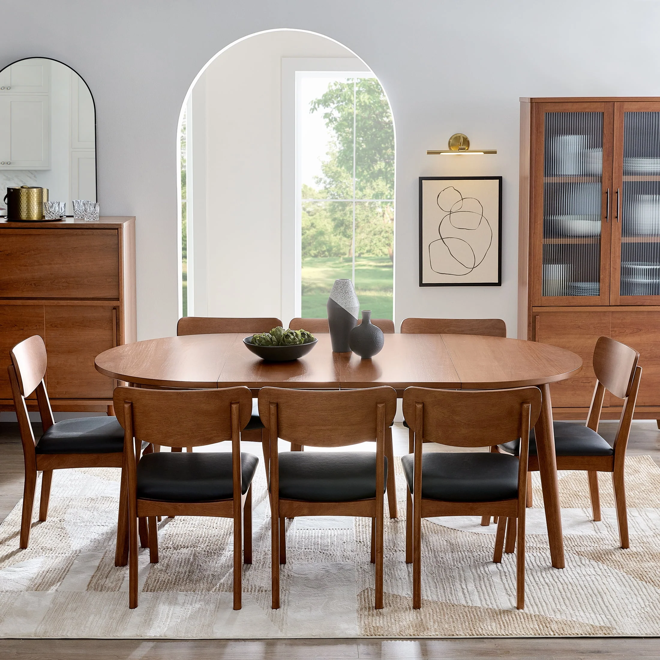 Better Homes & Gardens Greyson Mid-Century Dining Chairs, Black Faux Leather, Acorn Finish, Set of 2