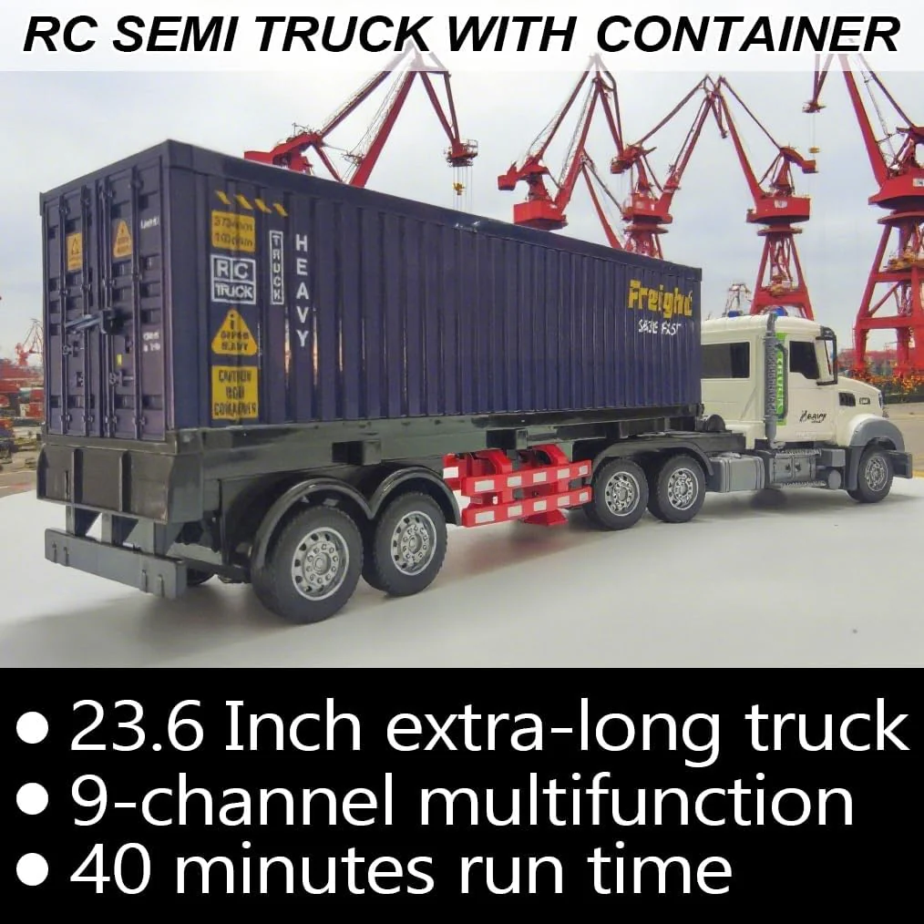 23.6-Inch 9-Channel Remote Control Semi Truck with Trailer - 1:24 Scale RC Container Carrier