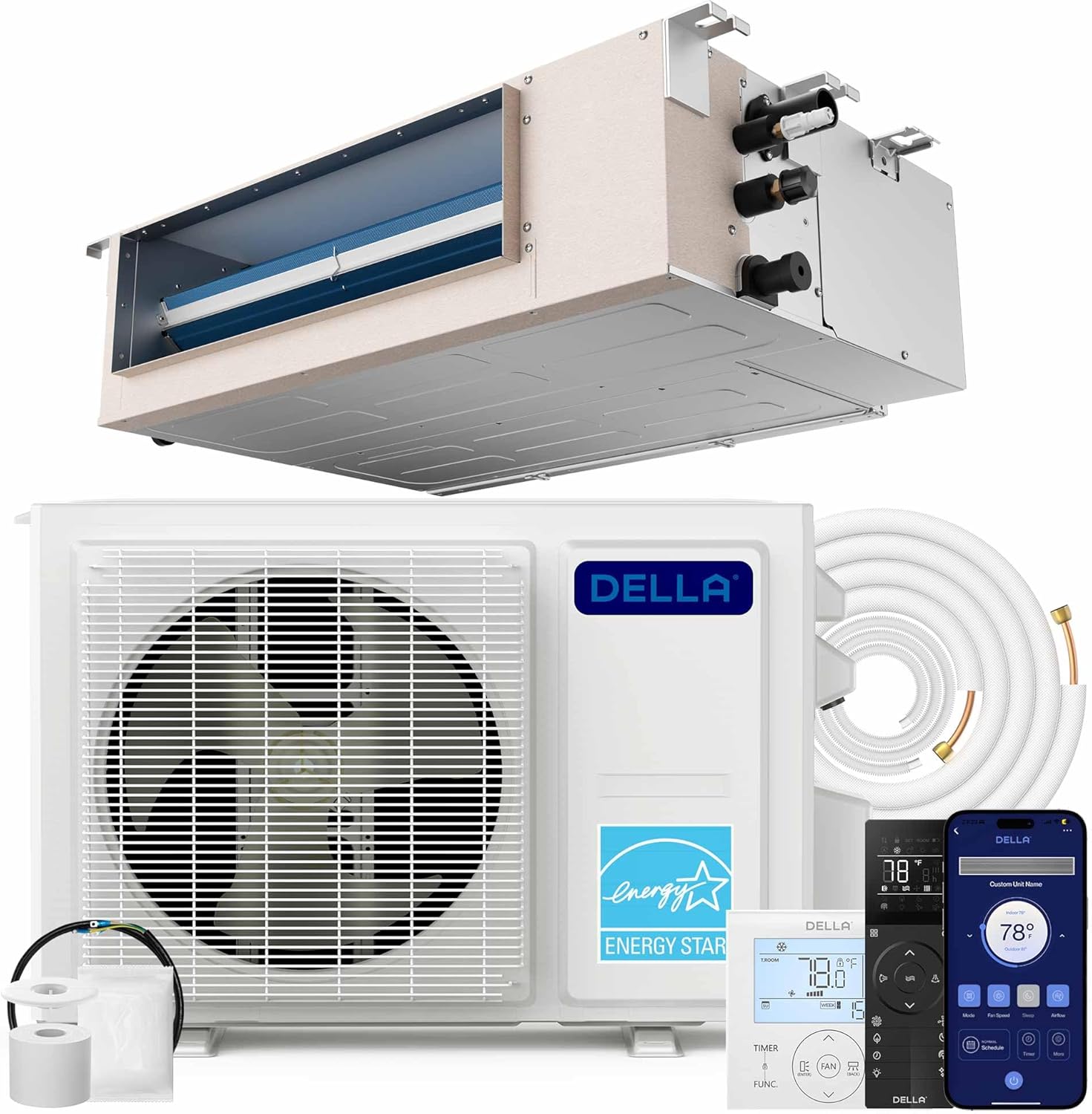 DELLA 9,500 BTU Concealed Ducted Mini Split Air Conditioner, 19.6 SEER2, Energy Star, Pre-Charged, 230V Inverter Heat Pump System, Work with Alexa and Wifi, 16.4ft Installation Kit & Thermostat