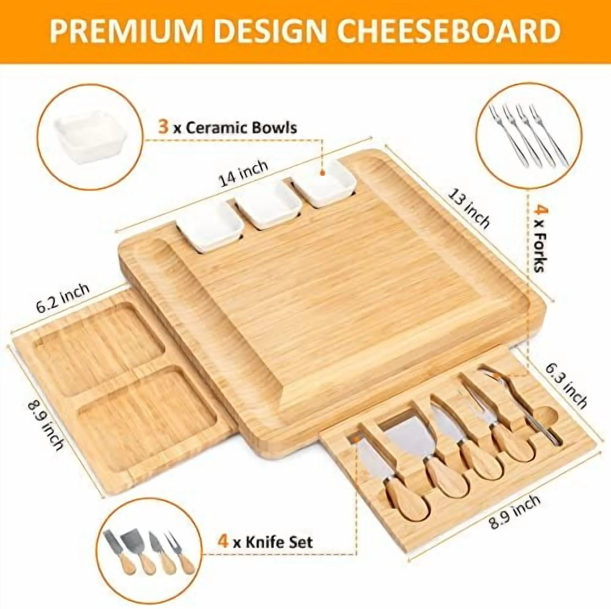 Charcuterie Board Set Cheese Board with 2 Drawers, Bamboo Cheese Tray Serving Board Unique Mothers Day Gifts, Wedding, Housewarming, Birthday Gifts - Image 2