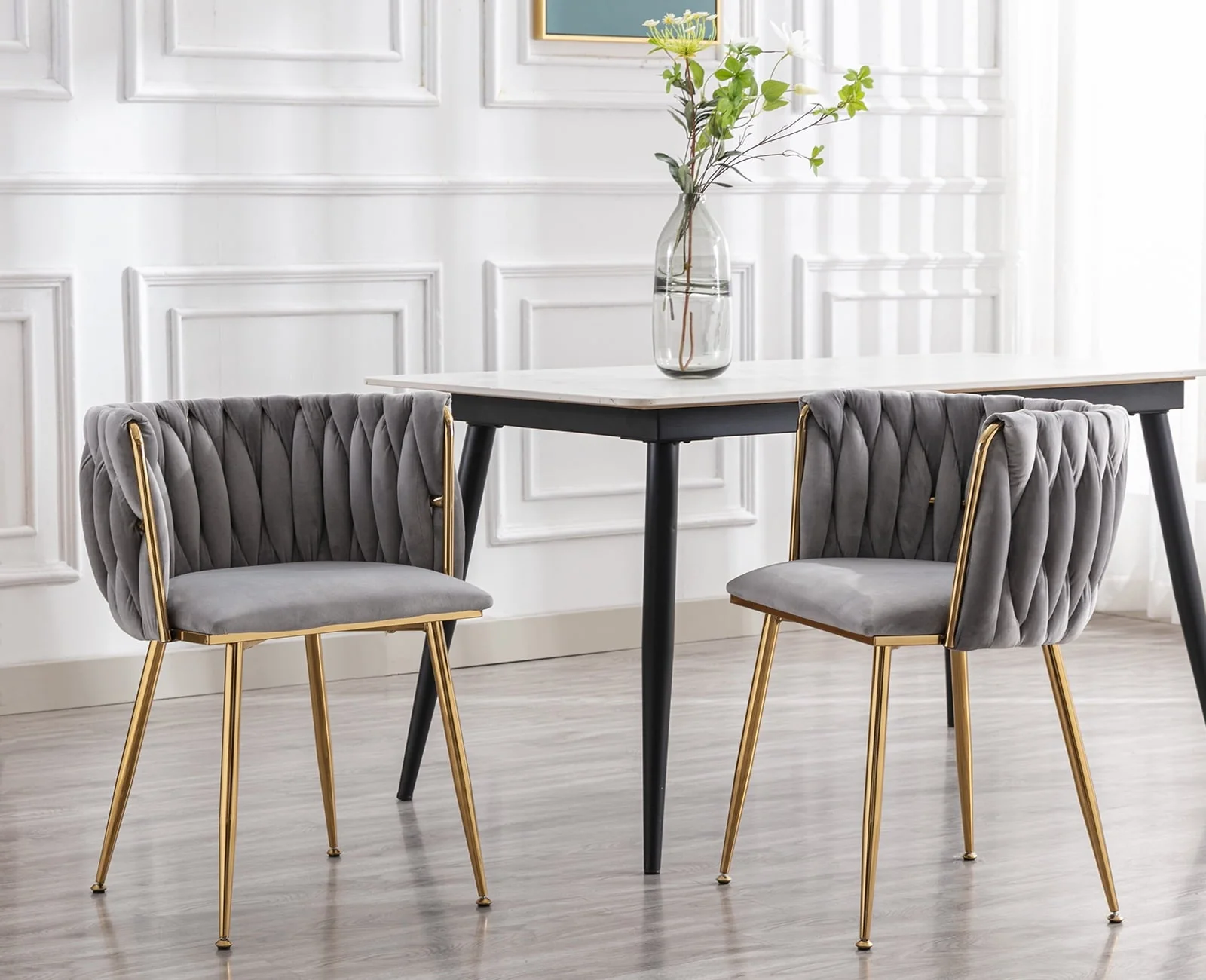 Velvet Dining Chair Set of 2, Modern Upholstered Accent Side Chair with Woven Back and Metal Legs, Vanity Chair Kitchen Chair for Living Room Dining Room Bedroom, Teal Green(Black) - Image 4