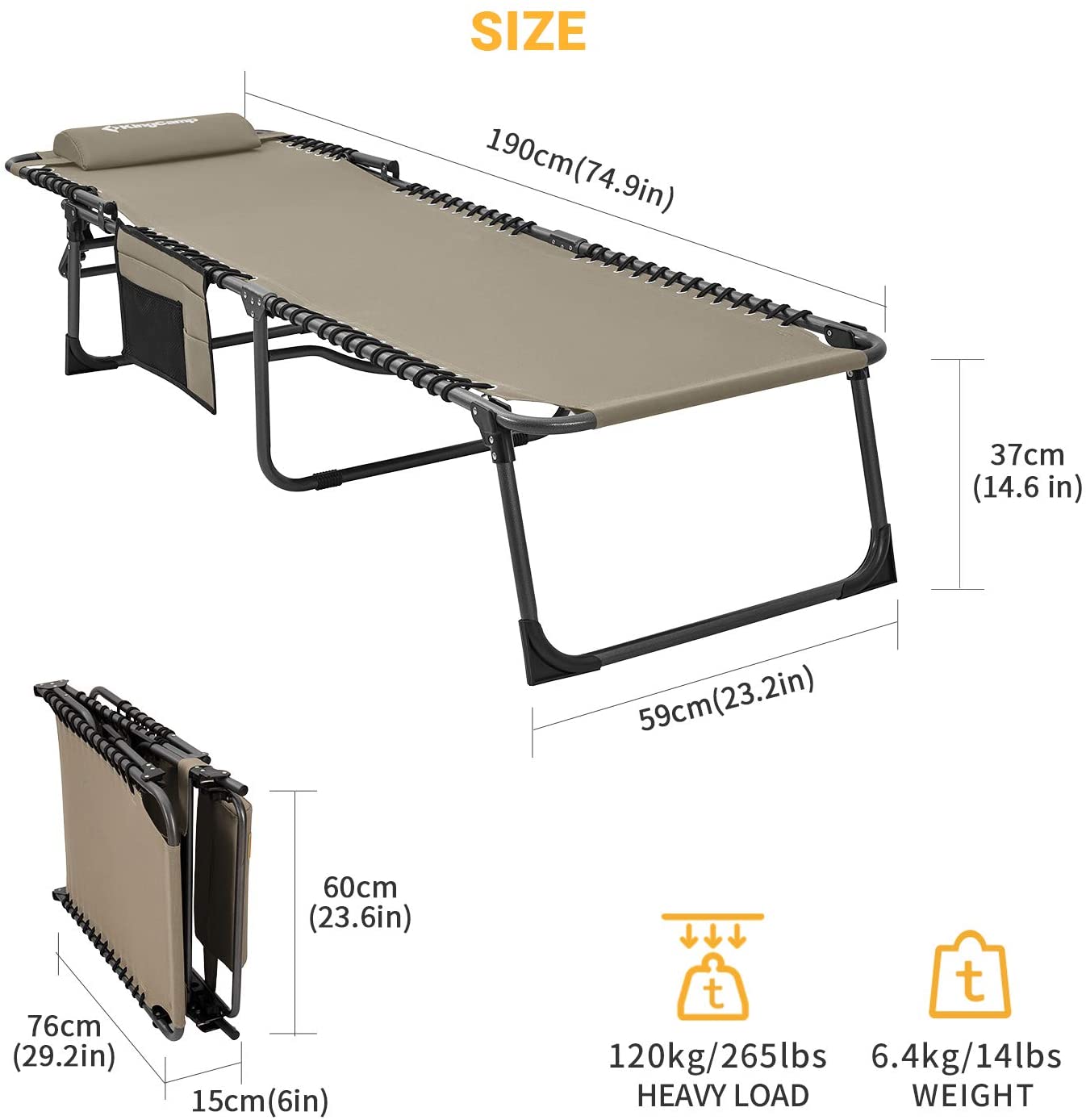 Chaise longue pliante réglable en 4 positions avec poche pour coussin, supporte jusqu'à 120 kg (265 lbs)