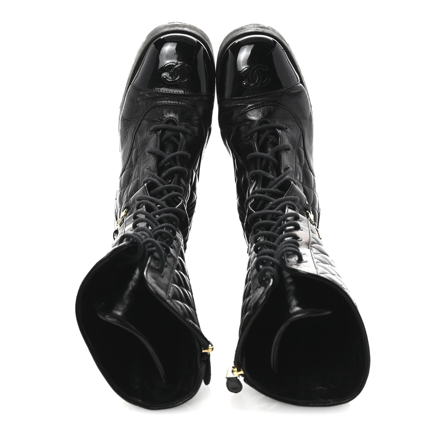 Shiny Calfskin Patent Quilted Chain Lace Up Combat Long Boots 38.5 Black