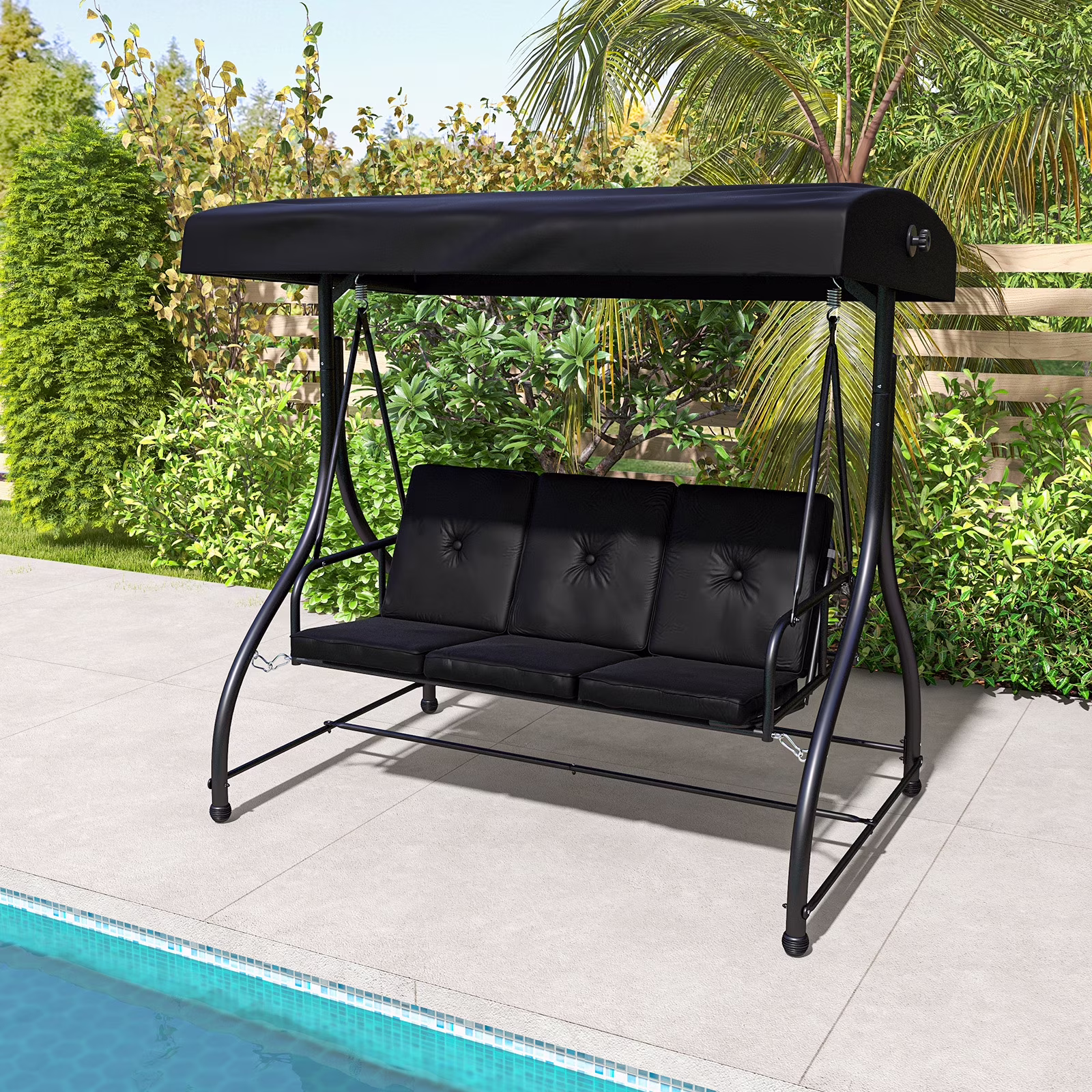 3-Seat Outdoor Converting Patio Swing Glider Adjustable Canopy Porch Swing Black(Black)