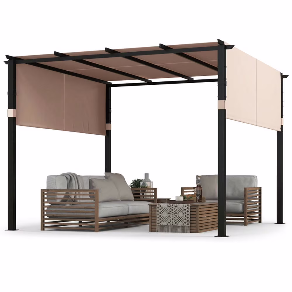 Barara King 10 x 10 ft Flat Top Pergola with Retractable Canopy for Garden Pool Porch and Backyard-Beige