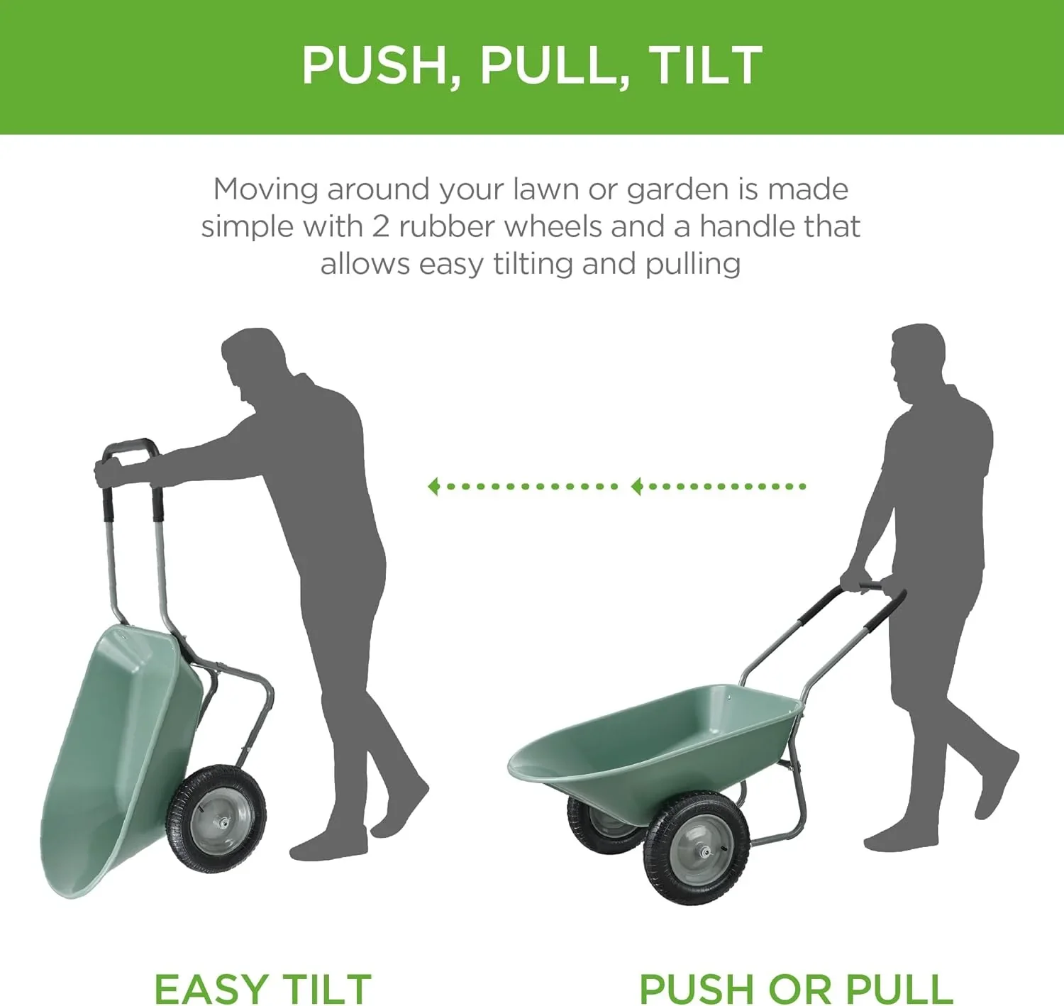 SAZYY Heavy-Duty Dual-Wheel Home Utility Yard Wheelbarrow & Garden Cart with Built-in Stand �C Versatile Solution for Lawn Care, Gardening & Construction Tasks, Gray