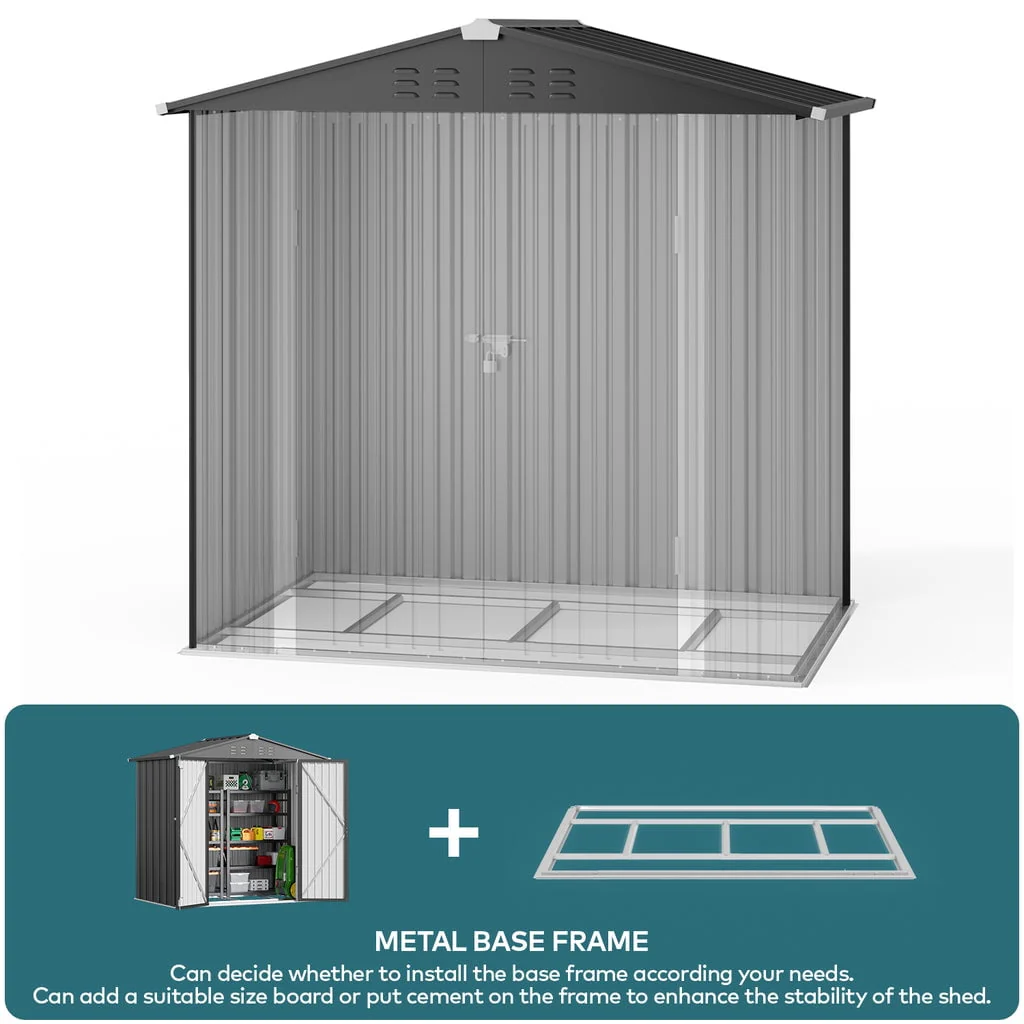 8 x 6 FT Outdoor Storage Shed on Clearance with Metal Base Frame and Double Lockable Doors for Garden, Patio Gray(6' x 4'/Brown) Image 8