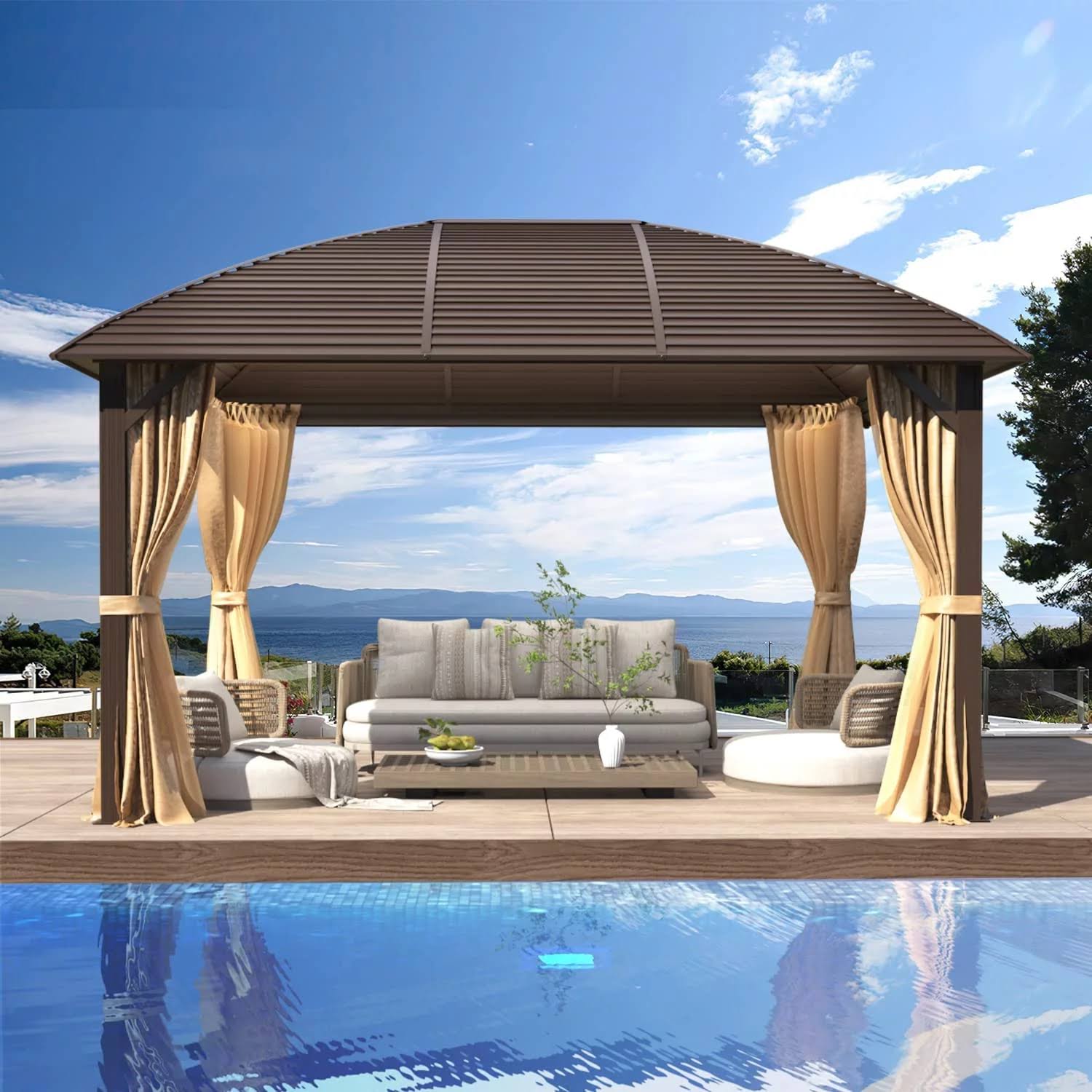 Mellcom 12' x 12' Hardtop Gazebo Galvanized Steel Outdoor Gazebo Canopy Double Vented Roof Pergolas Aluminum Frame with Netting and Curtains for