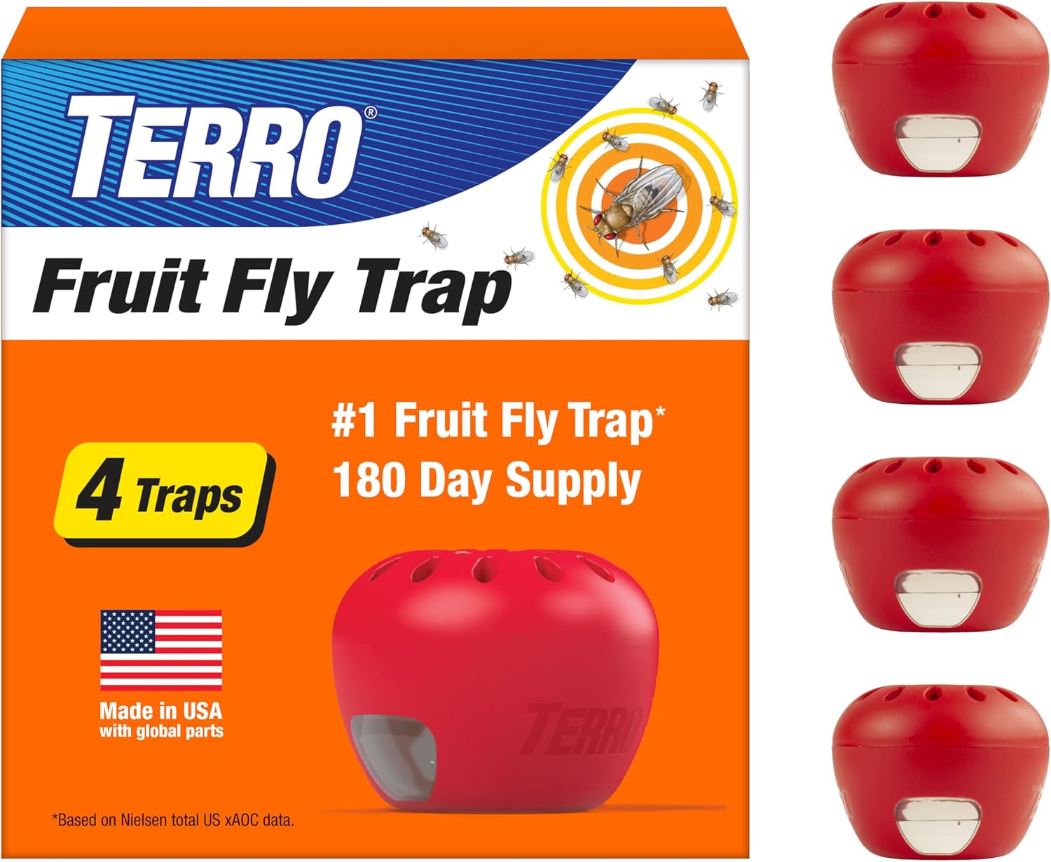 TERRO Fruit Fly Trap 4-Pack, 180 Day Lure Supply, Food-Based Lure| Apple-Shaped Design for Kitchen Counters, Fruit Bowls, Trash Cans, Food-Based Lure, Indoor Pest Control, Fruit Fly Killer