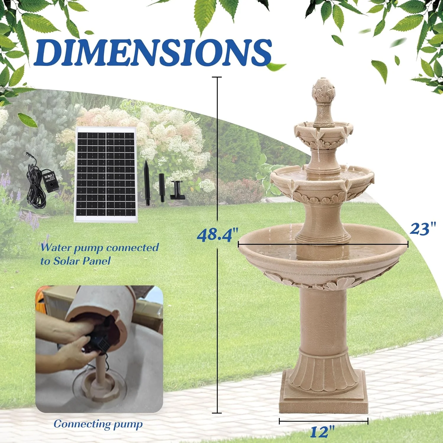 Magic Union Italian Solar Water Fountains Outdoor Garden Decor - 48.4''H Fountain and Waterfall, Large Cascading Indoor Floor - Standing Resin Bubbler Fountain Features W/Pump for Patio, Backyard