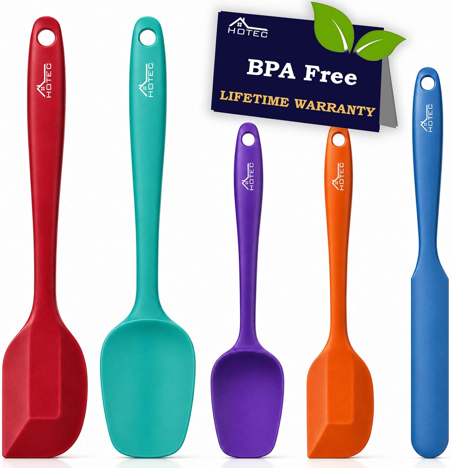 HOTEC Heat Resistant 600℉ Food Grade Silicone Rubber Spatula Set for Baking, Cooking, and Mixing Non-Stick Dishwasher Safe BPA-Free Multicolor Set of 5