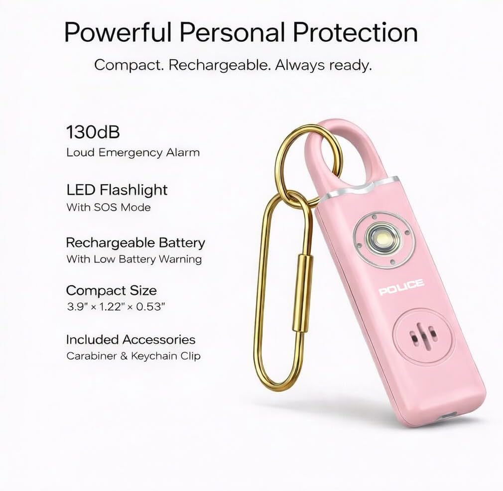 Police Personal Safety Alarm 130dB Rechargeable Emergency Self Defense Keychain with LED Flashlight & SOS for Women, Men, Kids & Seniors, Pink