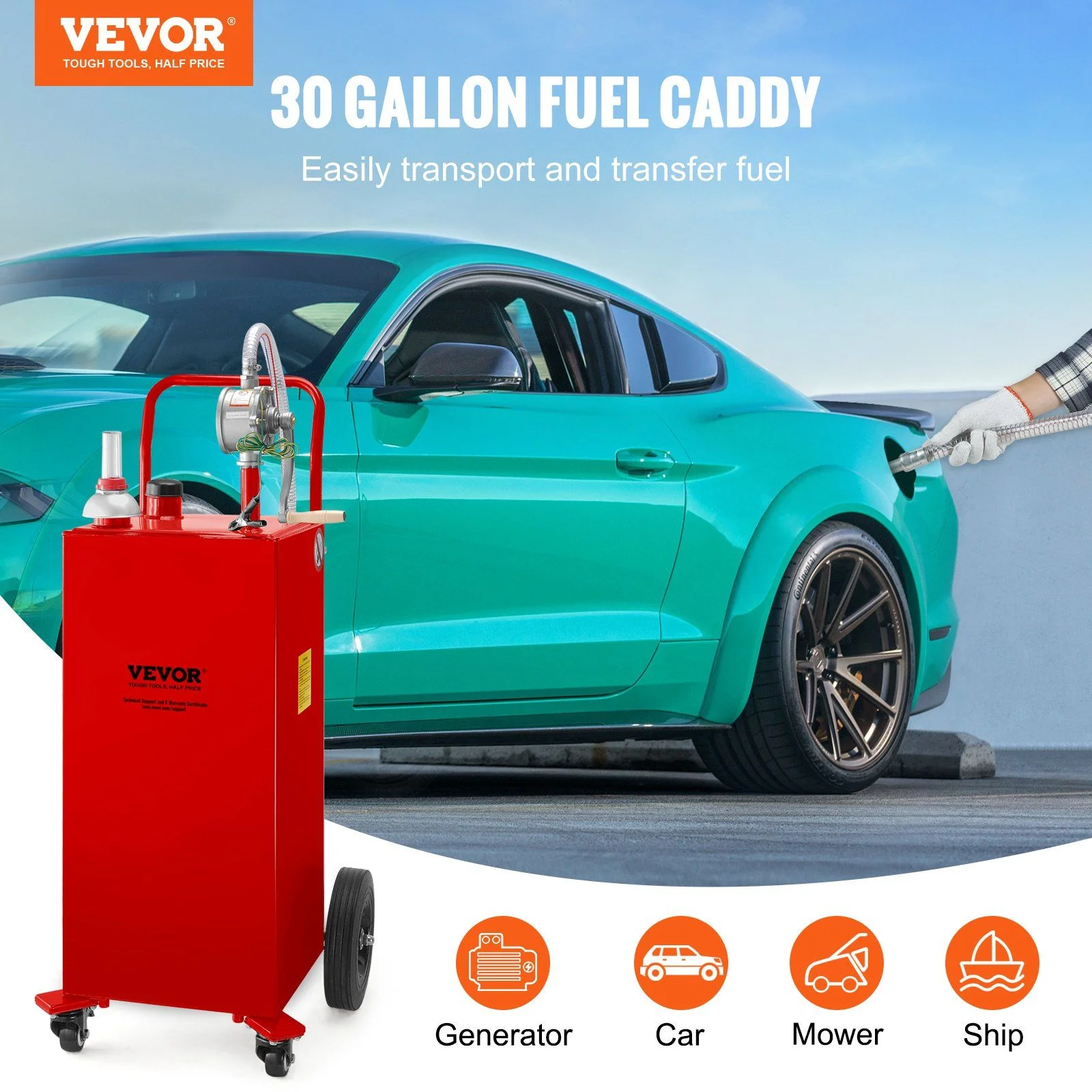 VEVOR 30 Gallon Fuel Caddy, Gas Storage Tank & 4 Wheels, with Manuel Transfer Pump, Gasoline Diesel Fuel Container for Cars, Lawn Mowers, Atvs, Boats, More, Red