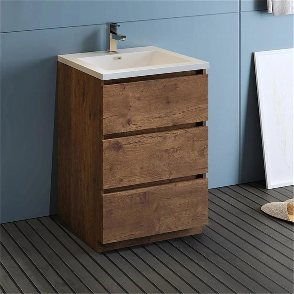 Lazzaro 24" Rosewood Free Standing Modern Bathroom Cabinet w/ Integrated Sink(Brown) - Image 2