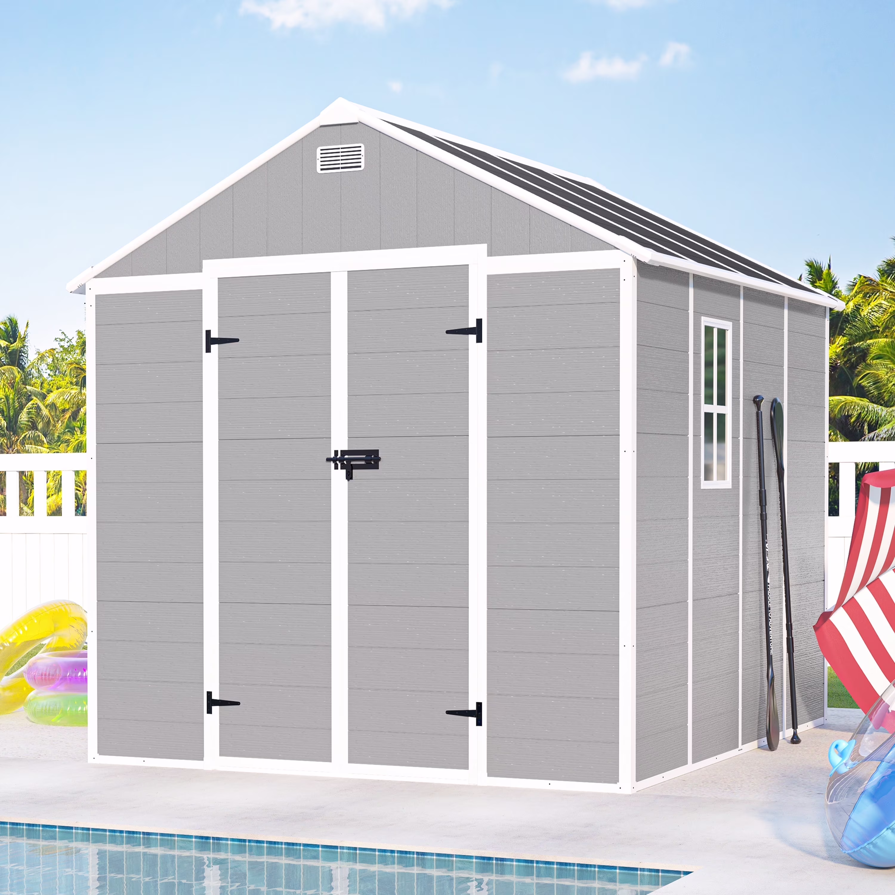 Shed and Outdoor Storage, 41 Cu.Ft Small Outdoor Resin Shed with 3 Doors Floor, 306GAL Deck Box Waterproof Plastic Tool Storage Shed for Cushion Lawn Mower Garbage Cans(Gray) - Image 9