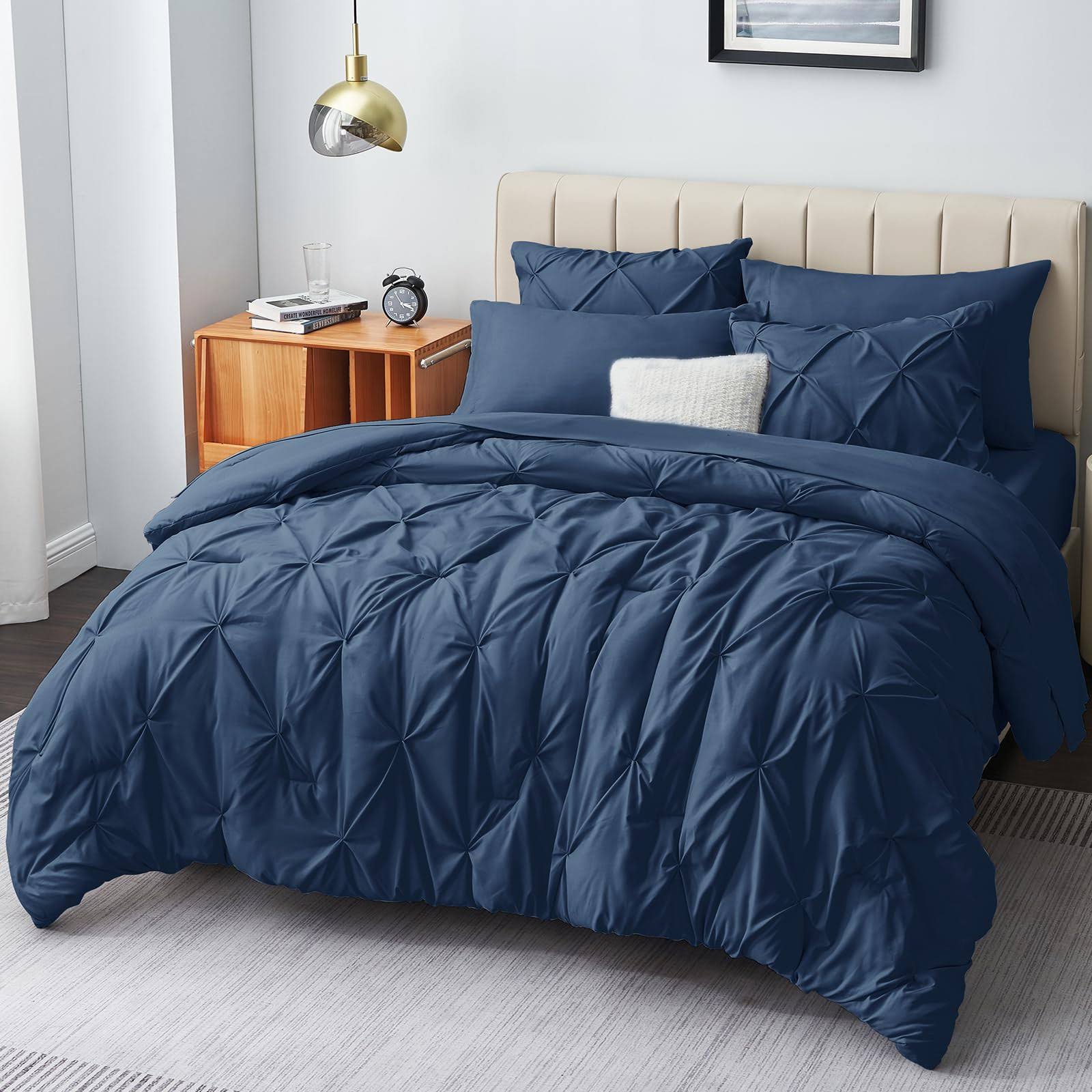CozyLux King Size Comforter Set - 7 Pieces Comforters King Size Navy Blue, Pintuck Bed in A Bag Pinch Pleat Bedding Sets with Al