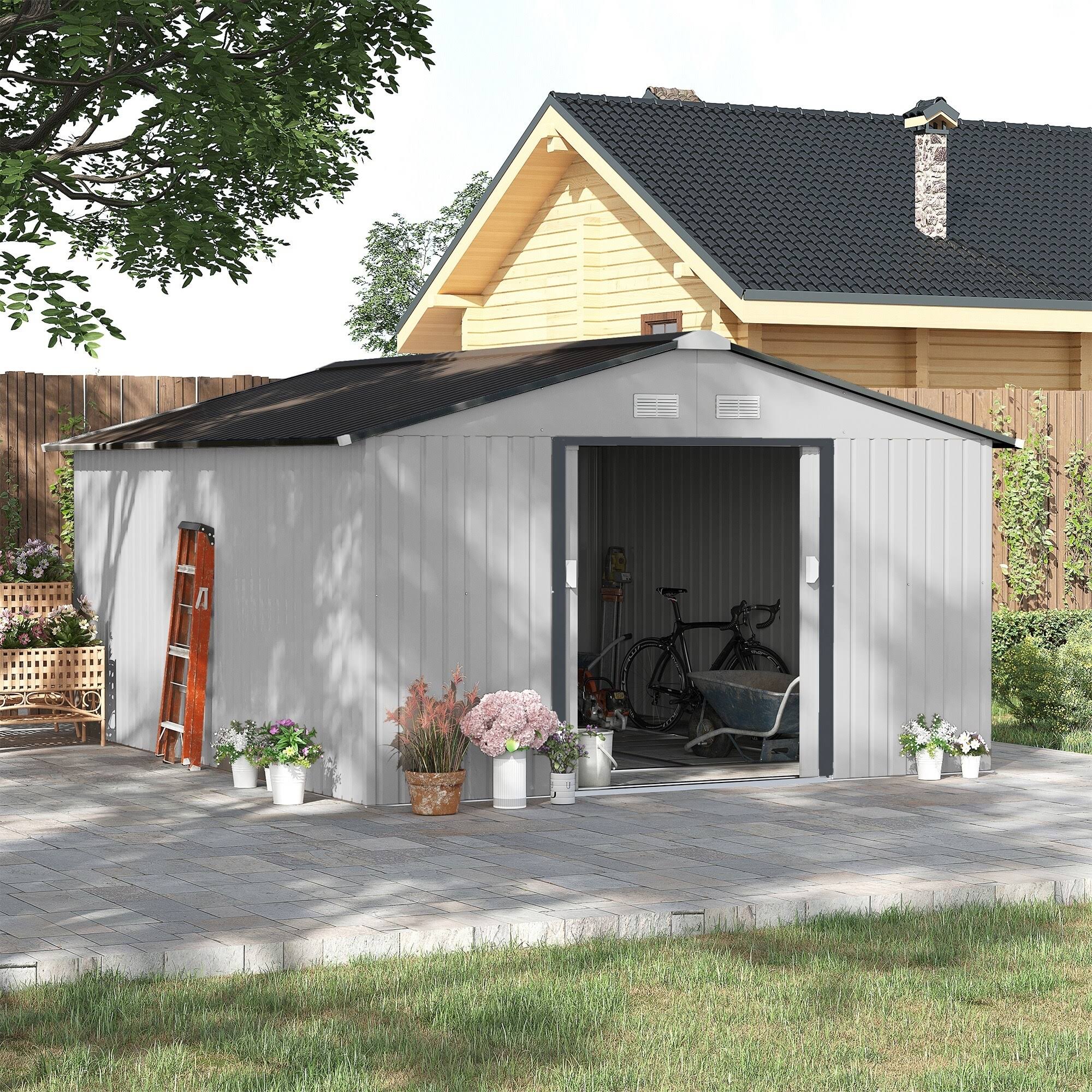 Outsunny 11' x 13' Storage Shed Garden Tool House w/ Vents Doors White