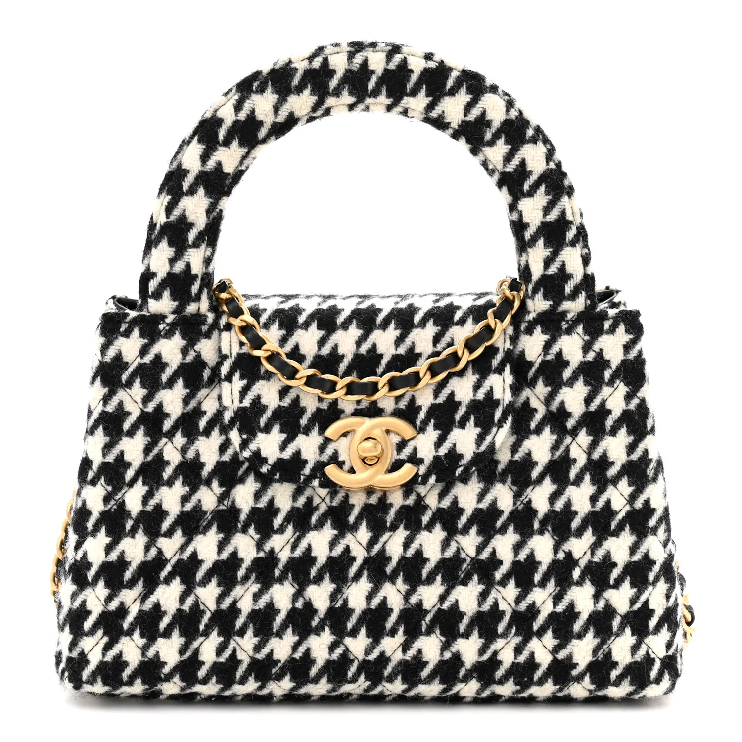 Tweed Houndstooth Quilted Nano Kelly Shopper Black White