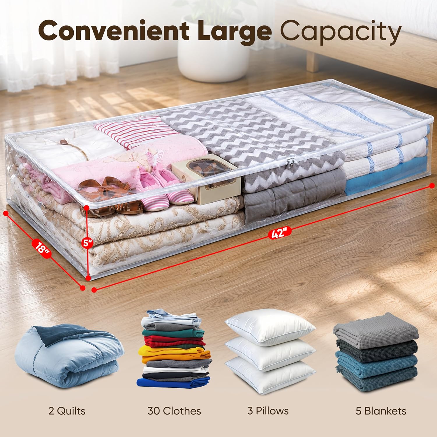 Masirs Clear Underbed Storage Bag, Durable Vinyl Material to Protect Your Contents from Dust, Dirt, and Moisture, Easy-Glide Zipper for Easy Access and Label Pocket for Easy Identification, (2-Pack)