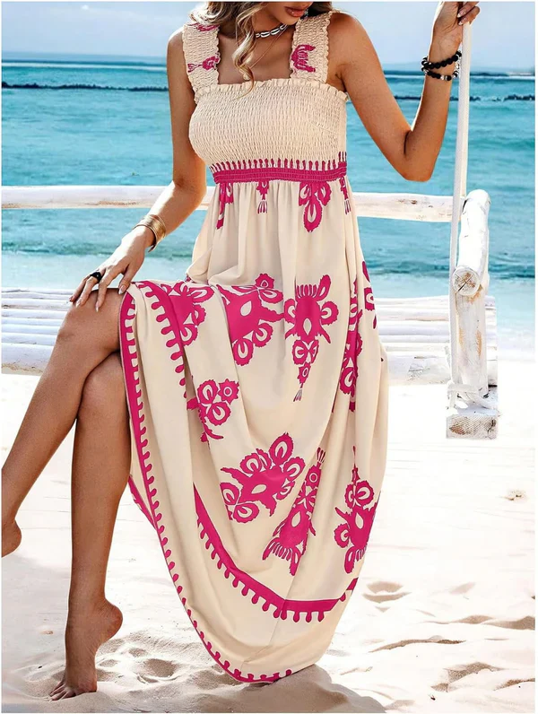 Robe Maxi Smockée à Imprimé Géométrique Artistique