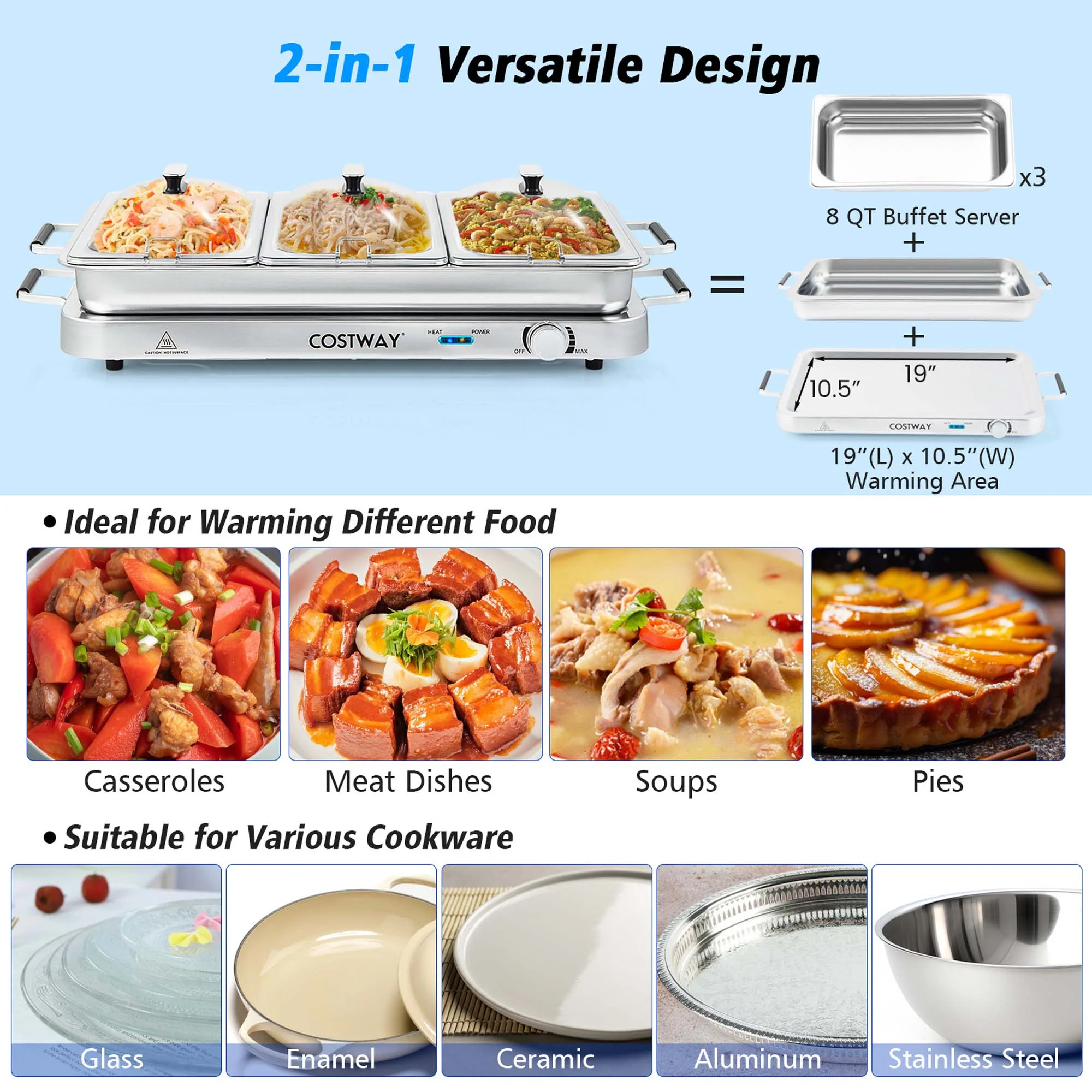 Food Warmer Buffet Server 450W Stainless Steel Electric Warming Tray for Parties - Image 5