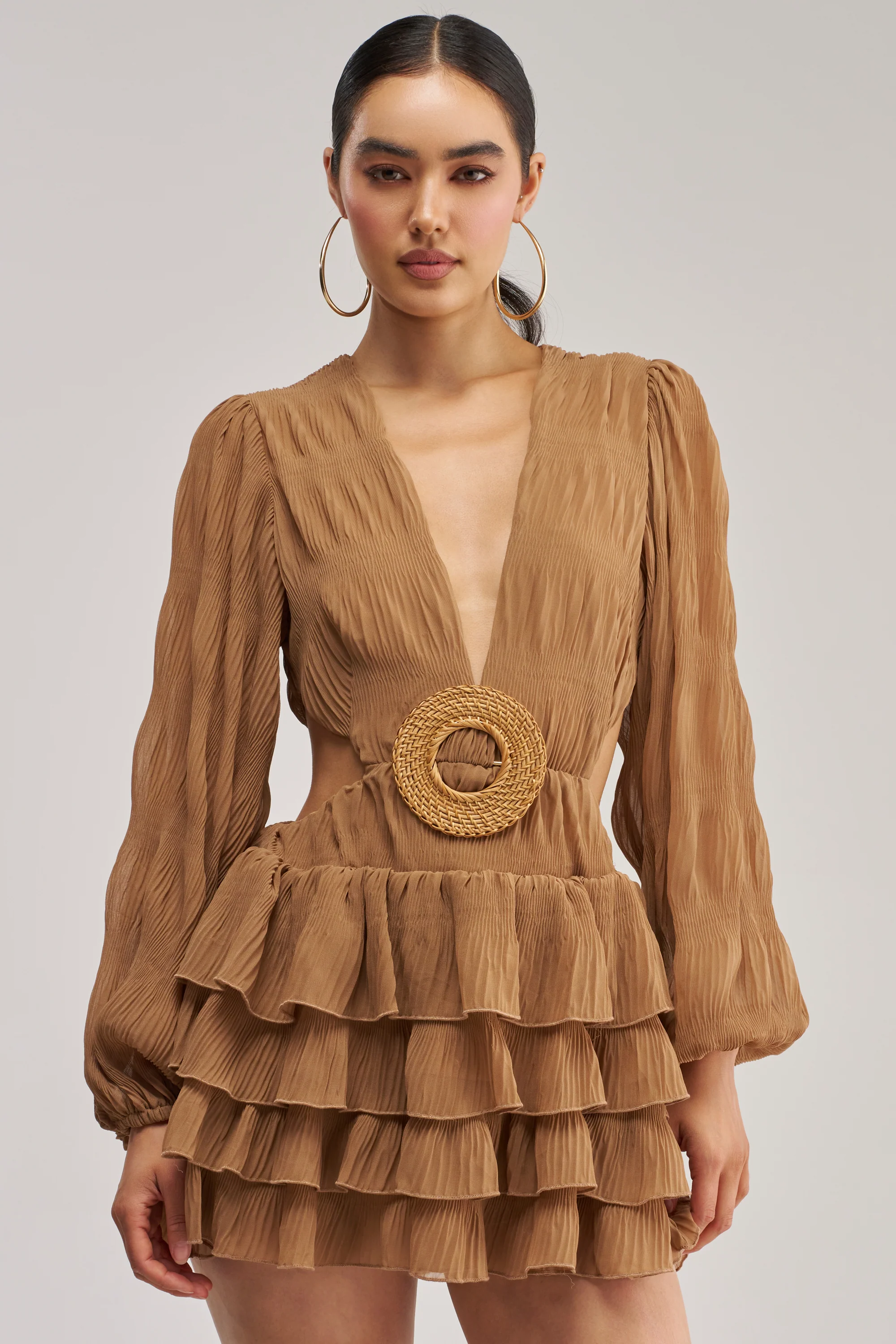 ON ISLAND TIME RUFFLED MINI DRESS IN TAUPE - Akira Store