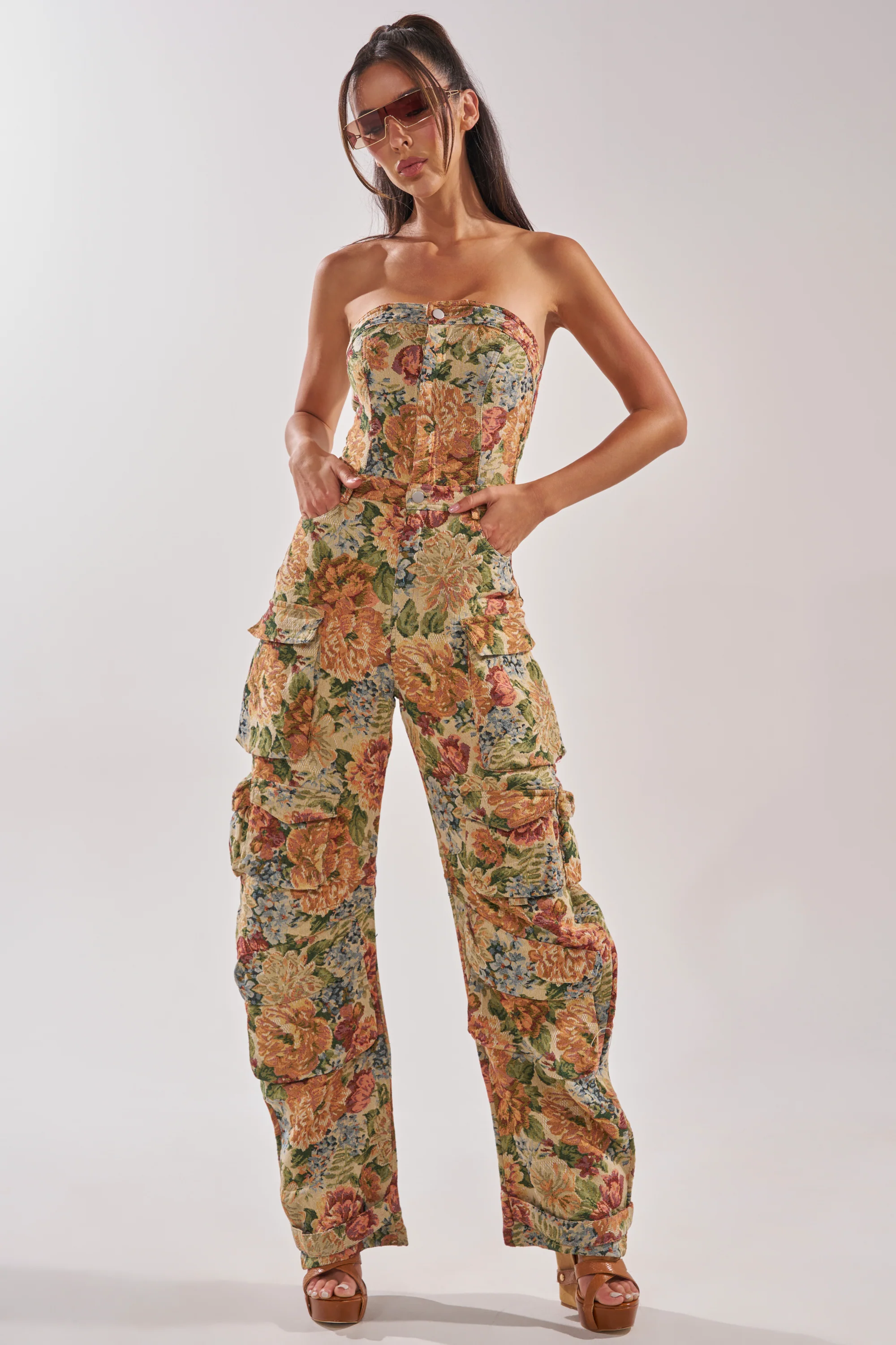 IN HER ELEMENT FLORAL WOVEN JUMPSUIT IN BROWN MULTI - Akira Store