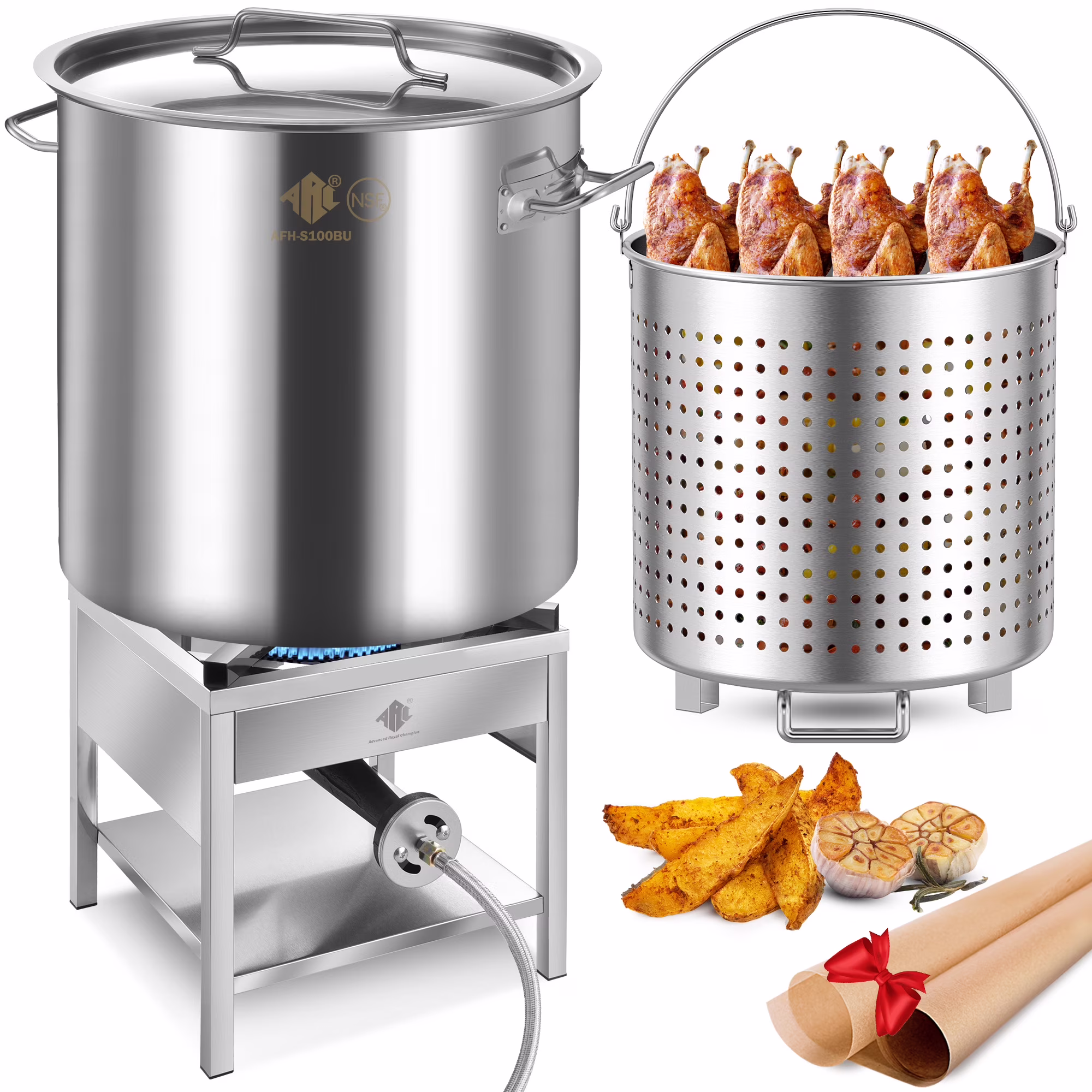 100QT Stainless Steel Seafood Boil Pot with 200,000BTU Propane Burner, w/Basket for Outdoor Deep Fryer, Large Cooking Pot for Turkey Fryer, Crab, Crawfish, Shrimp, Lobster Boiling Stock Pot