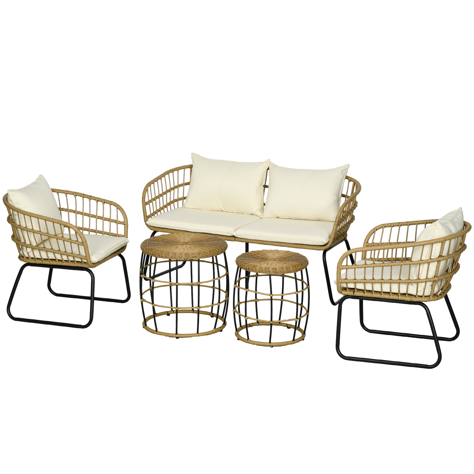 Outsunny Lounge-Set Rattan Zitgroep, Buitenmeubelset in Boho-stijl, 5-delig, 145 x 70 x 78 cm, Crème + Natuur + Zwart