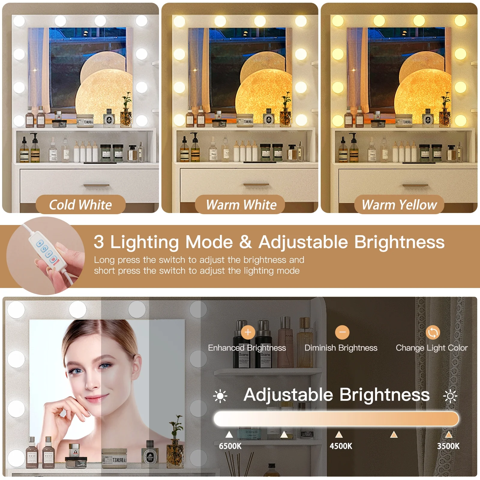 Makeup Vanity Desk with Mirror Lights, Vanity Table with 5 Drawers Storage Shelves, Makeup Vanity , 3 Color Modes Adjustable Brightness Dressing Table, Bedroom, White(White) - Image 8