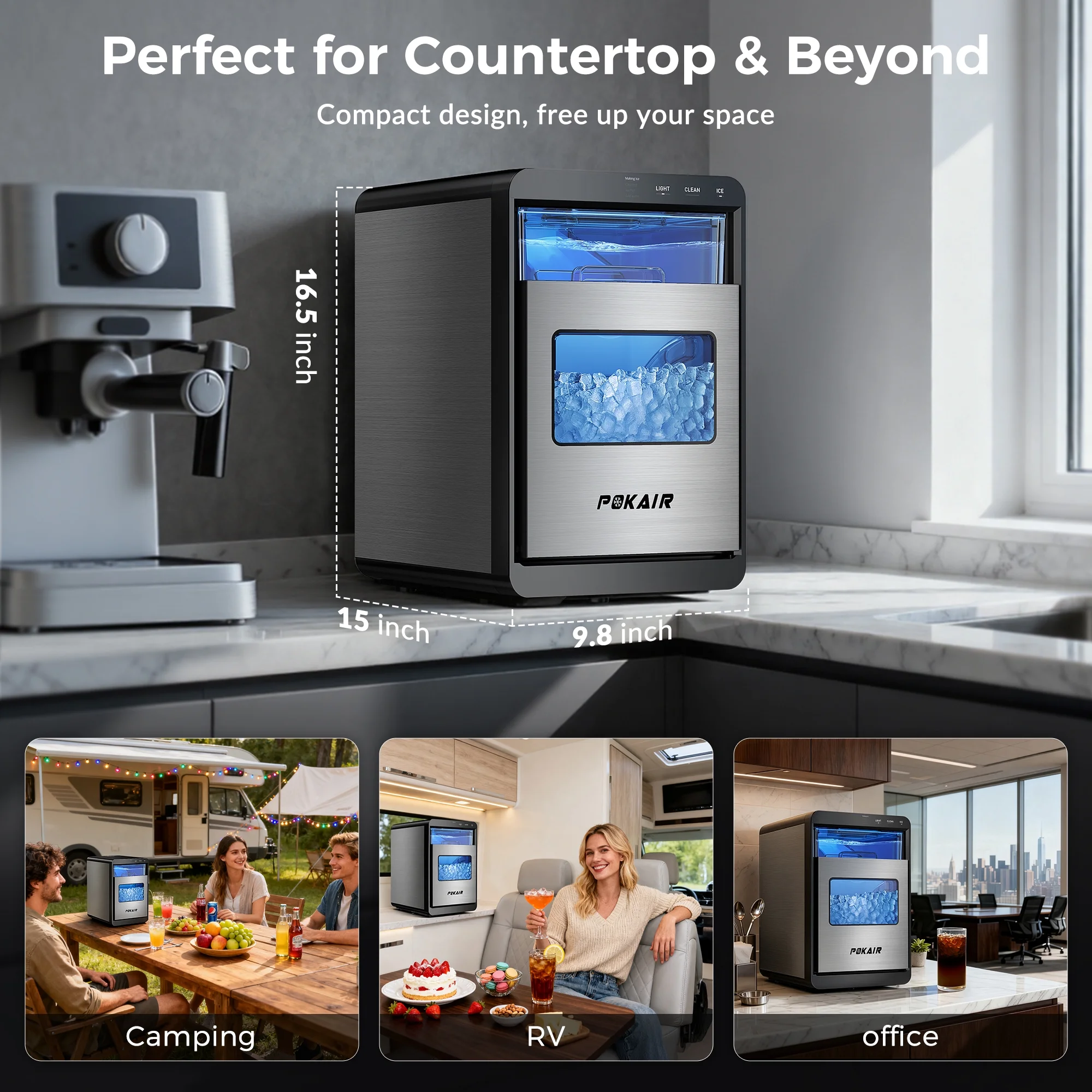 Ice Maker, Nugget Ice Maker Portable Countertop 44lbs/Day, One Touch Instant Ice Self Cleaning, Pebble Ice Machine for Home Office RV, Stainless Steel Image 9
