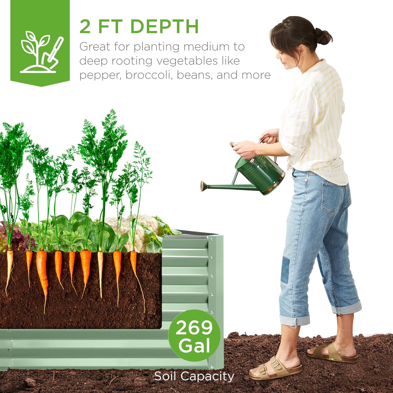 Gloaa 6x3x2ft Outdoor Metal Raised Garden Bed, Deep Root Box Planter for Vegetables, Flowers, Herbs, and Succulents W/ 269 Gallon Capacitysage Green