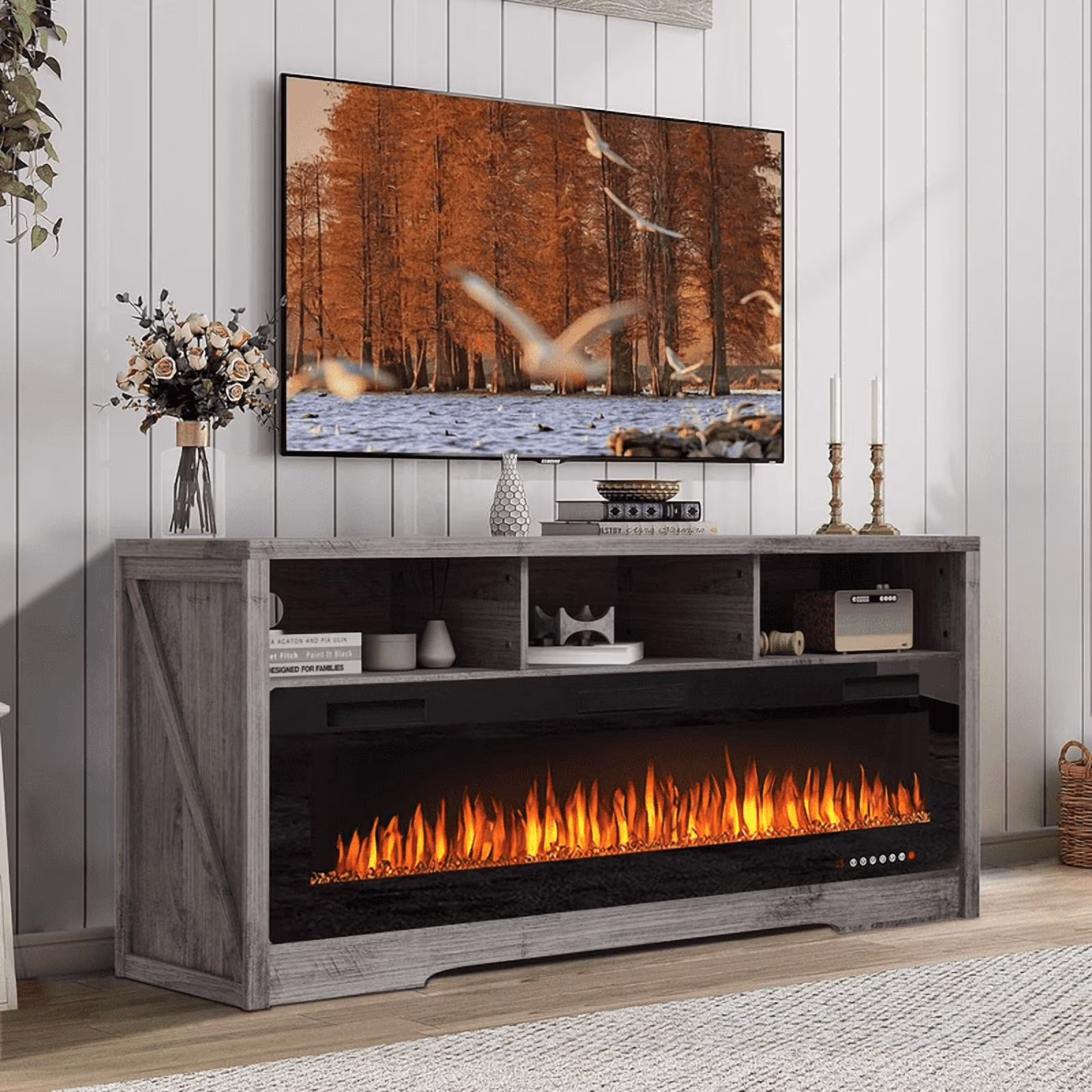 Fireplace TV Stand for TVs Up to 75" TV with 60" Electric Fireplace,Entertainment Center with Open Shelve Storage(Black) - Image 5