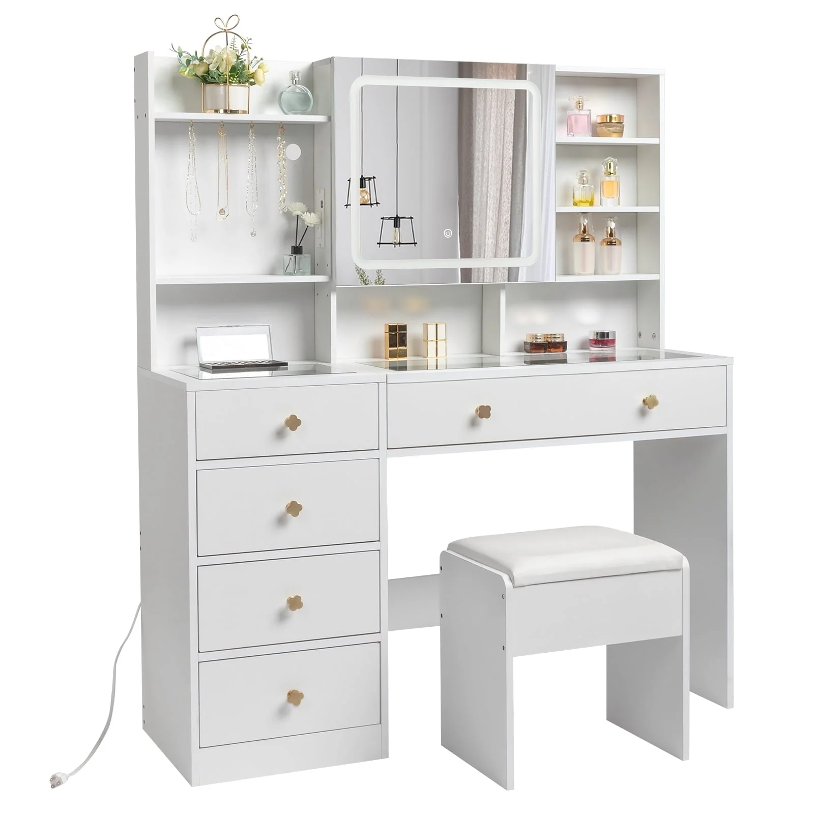 Ktaxon Makeup Vanity with 3 Color Lights, Vanity Desk with USB Charging Station, Vanity Makeup Table with Visible Drawers, Hidden and Open Storage Shelves, White Image 2
