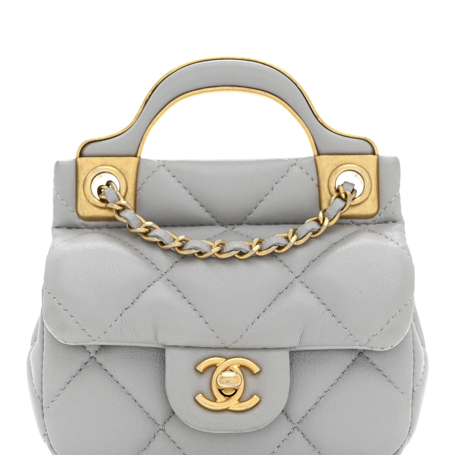 Calfskin Quilted Lady Handle Flap Card Holder With Chain Grey