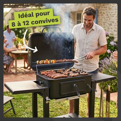Barbecue Charbon de Bois avec Couvercle  Grille de Cuisson XL 54x43 cm