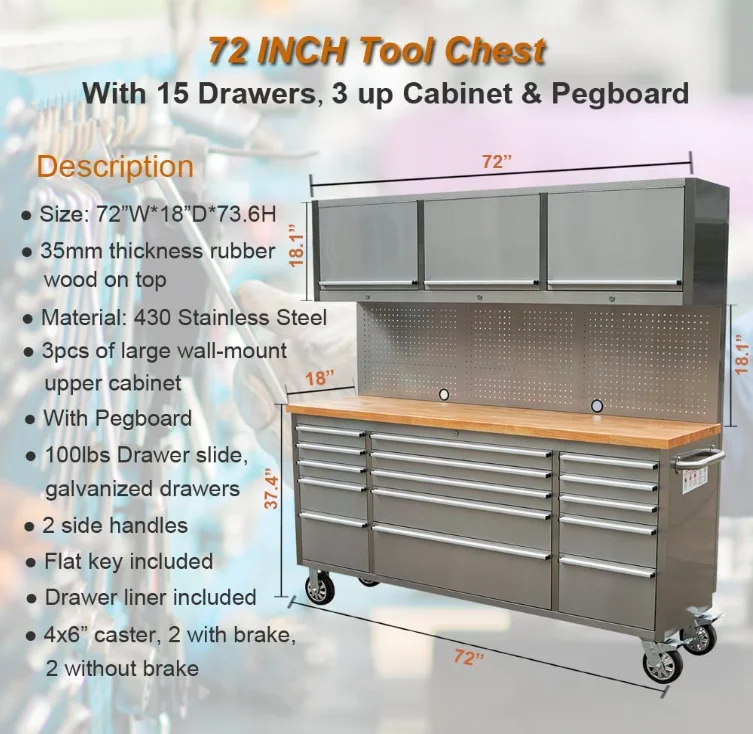 72 inch 11 Drawers Tool Chest with 3 Up Cabinet Pegboard in Stainless Steel, Large Lockable Mobile Workbench with 6 Blue Storage Bins, Tool Box for Garage, Workshop (1 �� HTC7214W1+ 1 �� HTC7218W1) - Image 3