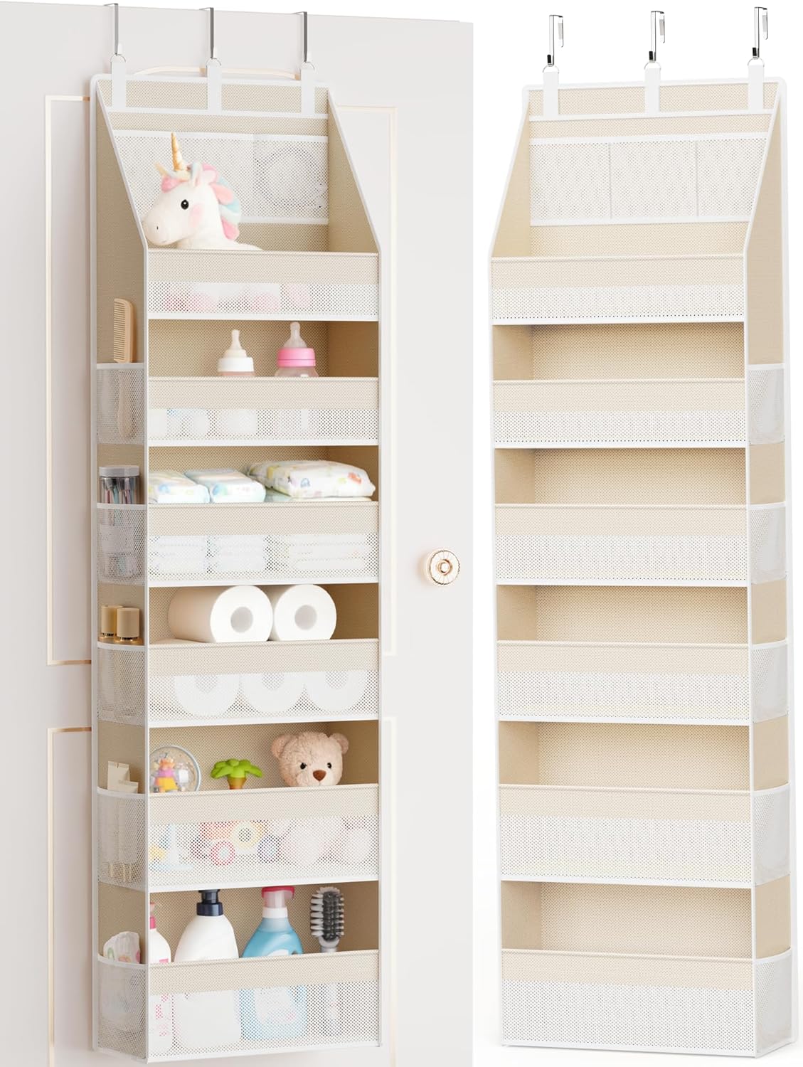 Criusia Over the Door Organizer, 6-Shelf Closet Hanging Storage with 13 Mesh Pockets, 55lbs Capacity Behind-the-Door Storage for Baby Nursery, Bathroom, Bedroom, and Dorm, Beige