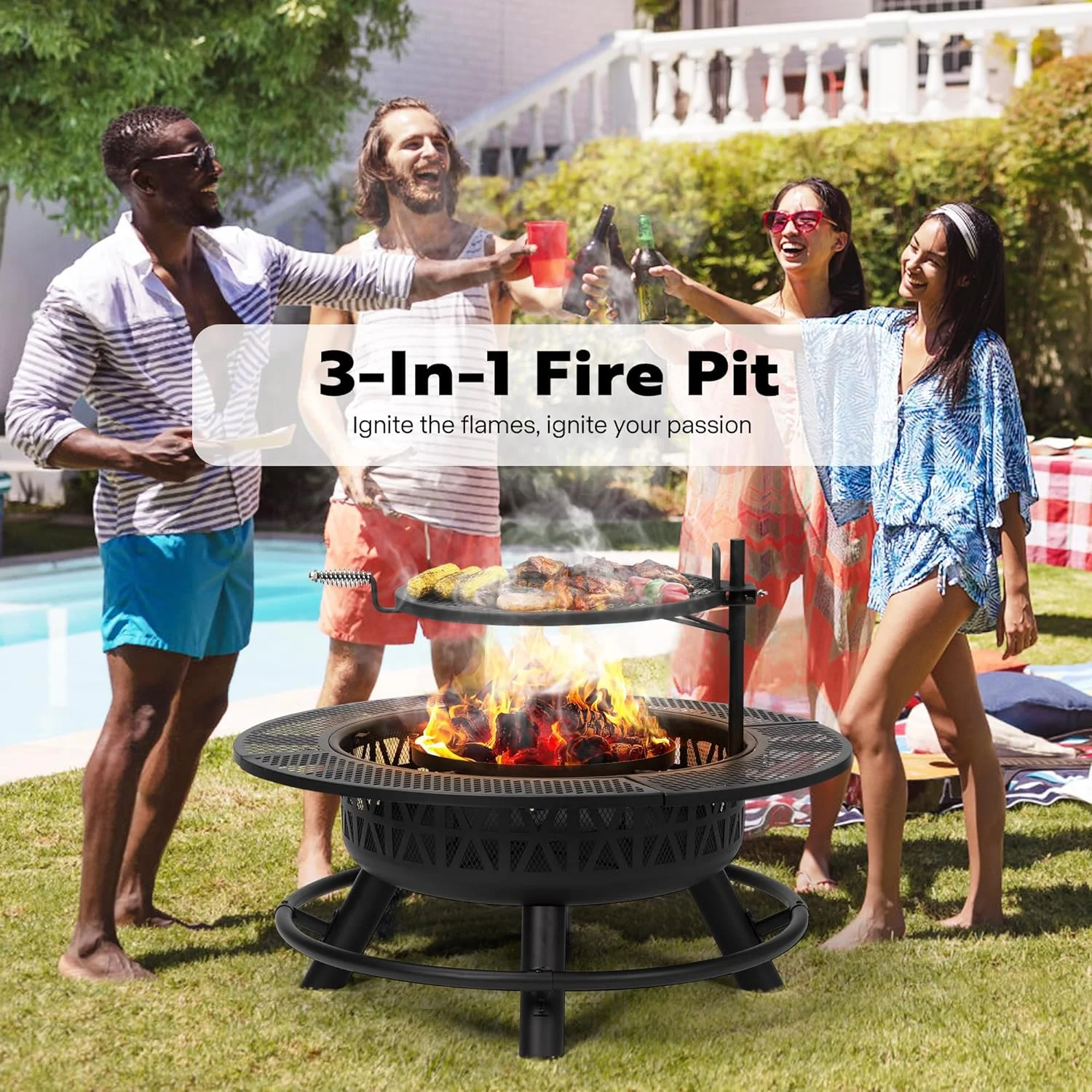 3-in-1 Fire Pit��35 in Wood Burning Firepits with Cooking Grill Grate Charcoal Pan Cover Lid, Metal Table for Backyard Bonfire BBQ Outdoor Camping Picnic(Single-Grill) - Image 8