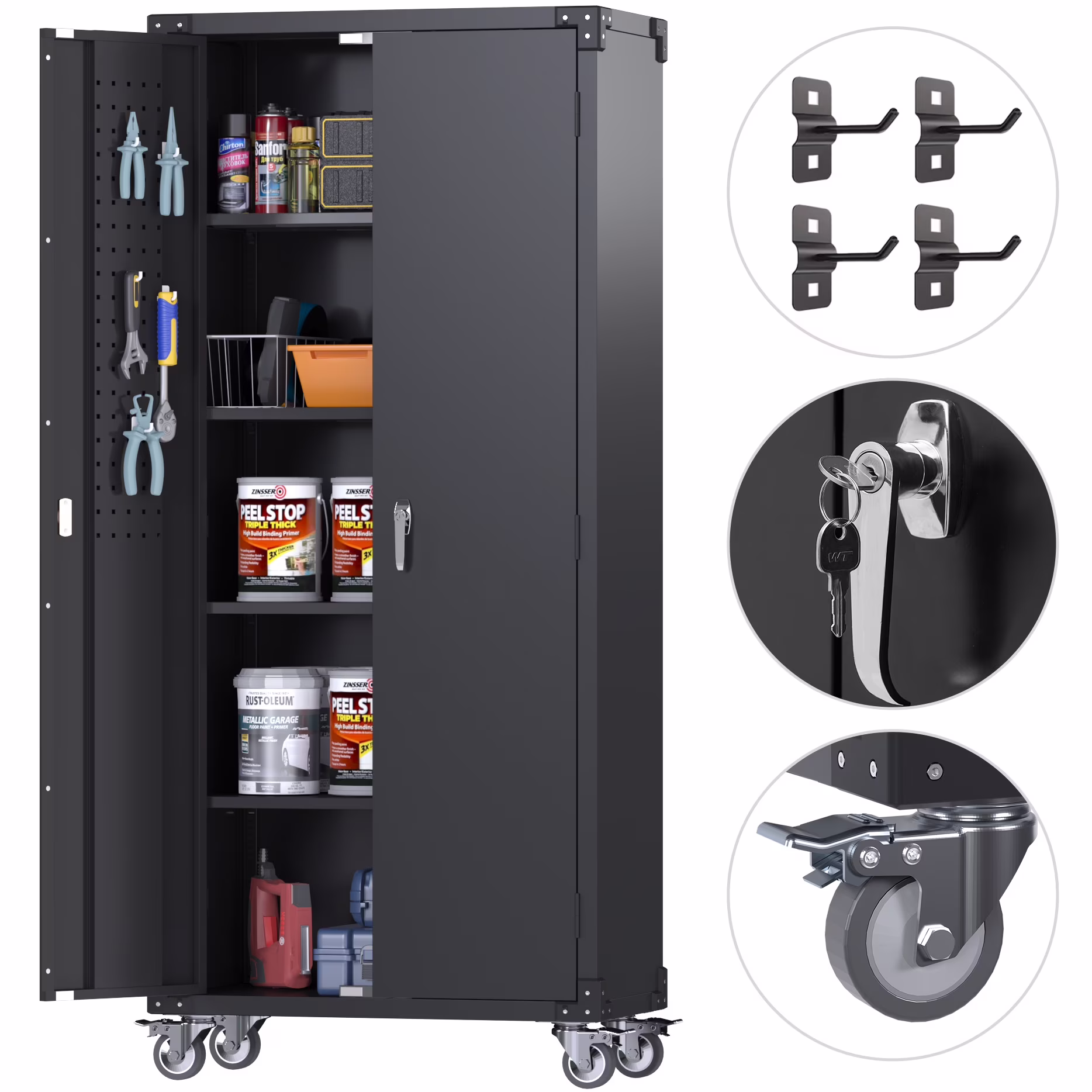 Metal Rolling Storage Cabinet, 72 inch Steel Lockable Cabinet with Multipurpose Pegboard and Adjustable Shelves, Tall Tool Cabinet for Office, Home, Storage, Assembly Required(Black)(72'' Black Cabinet with Pegboard)