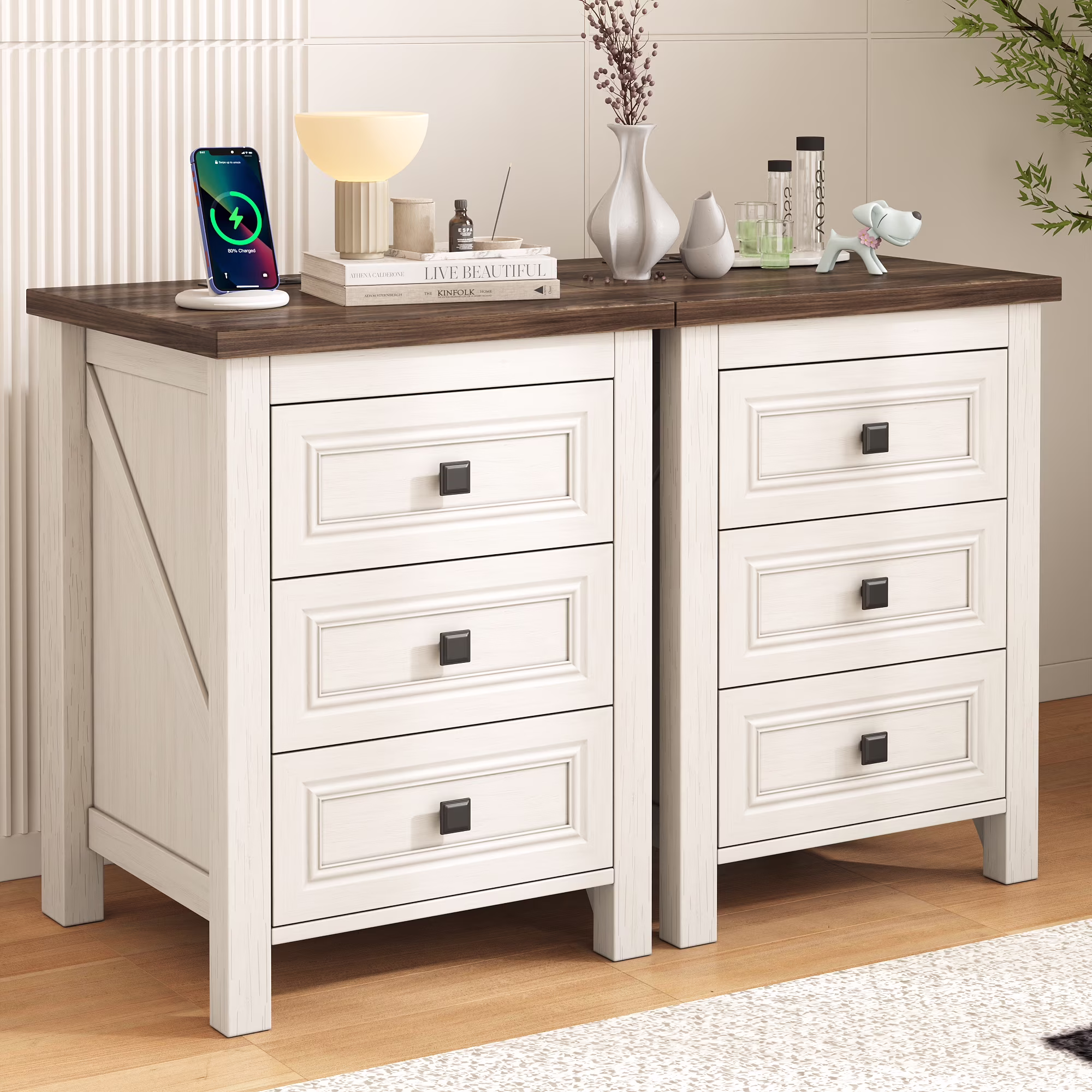Nightstand, Bedside Table with Charging Station, Farmhouse 3 Drawer Nightstand Rustic Night Stand End Tables for Bedroom Living Room,Gray(Gray-1PCS) - Image 4