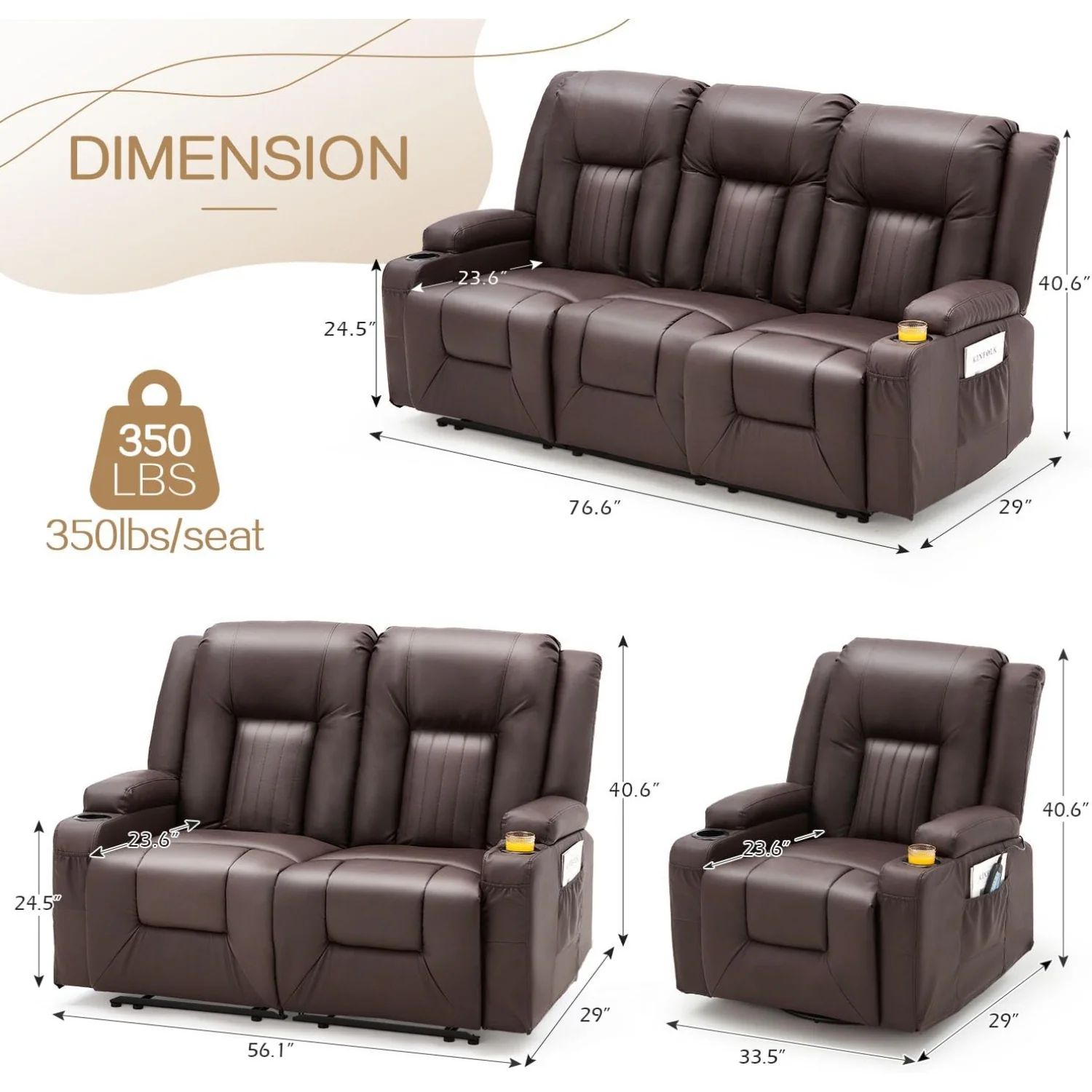 AECOJOY 3 PCS Leather Recliner Sofa Set with Swivel Massage Chair, Brown