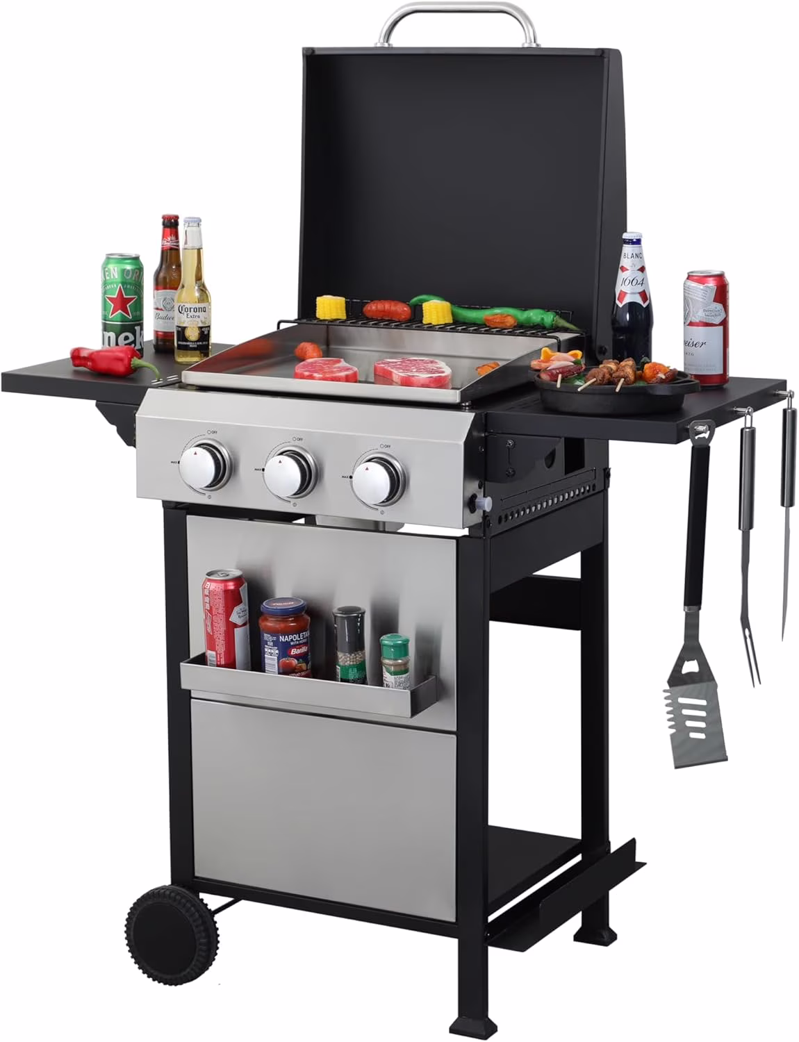 3-Burner Propane Gas BBQ Grill with Thermometer Wire Enamel Cooking Grids, 25,650 BTU Output Stainless Steel Grill with Foldable Side Table for Outdoor Barbecue(25650) - Image 3