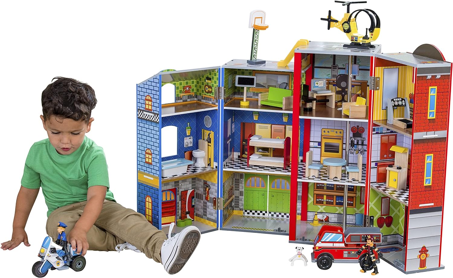 Wooden Playset, 3-Story with 26-Piece Accessories, Foldable for Storage