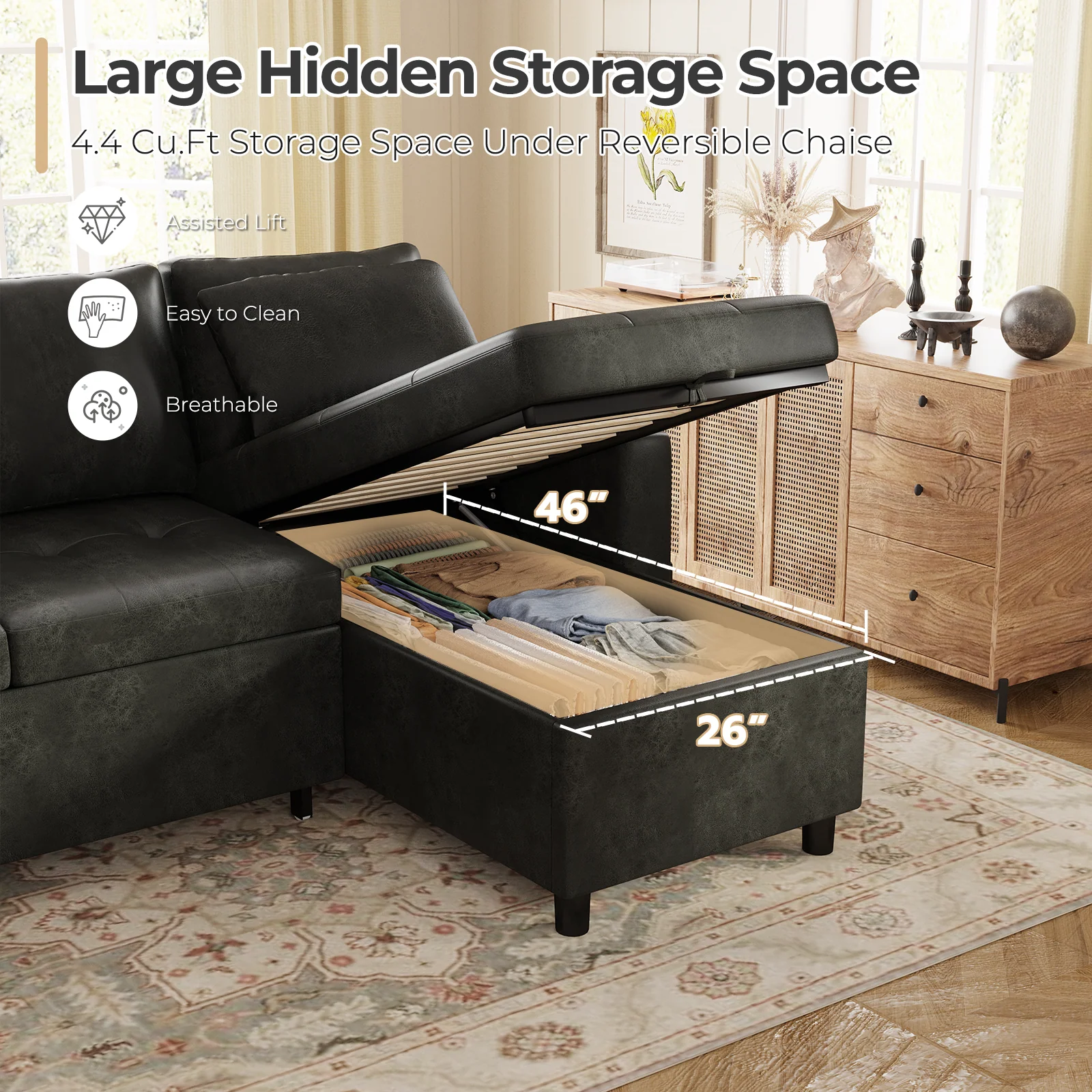 AECOJOY Sleeper Sofa Couch with Pullout Bed, Faux Leather, Black