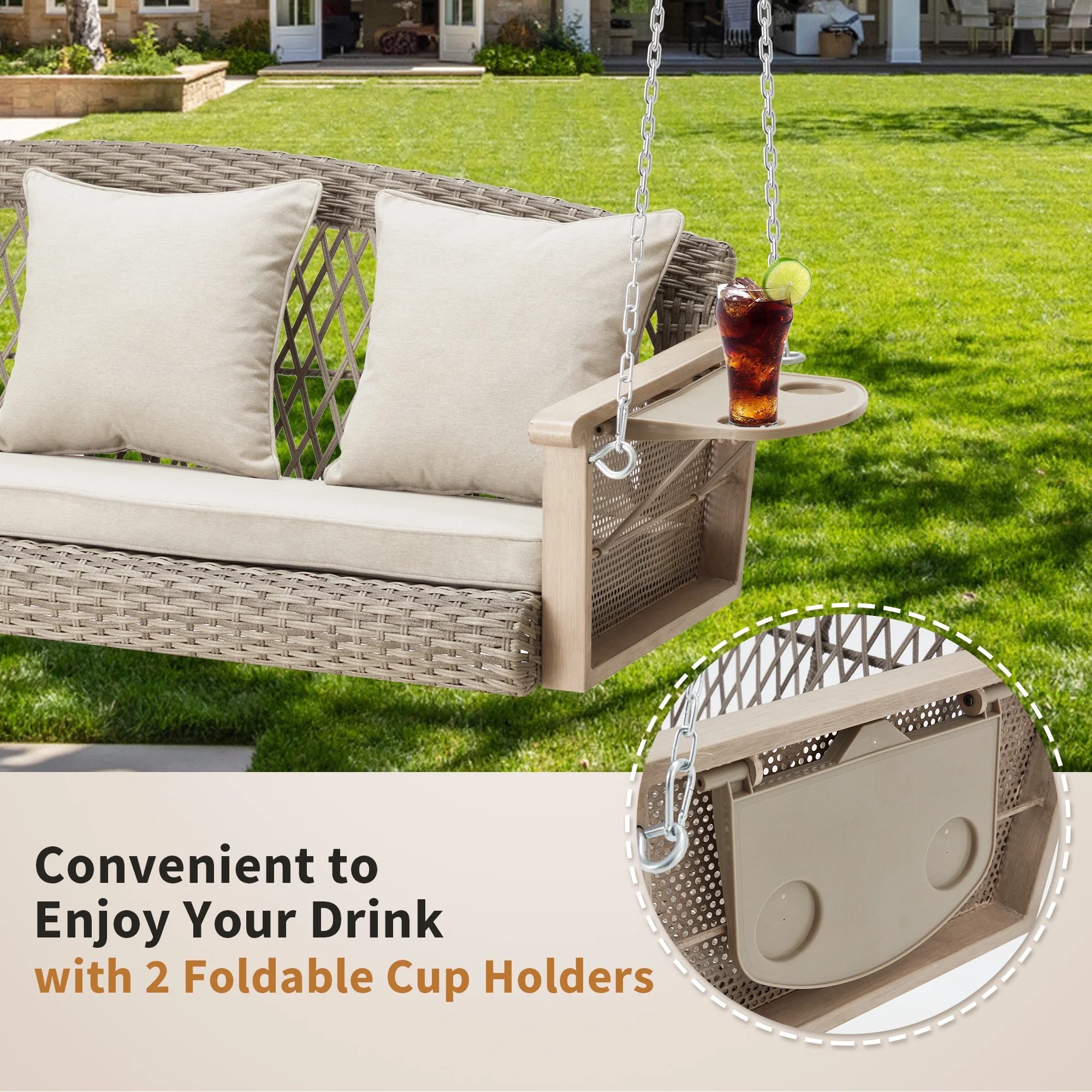 3-Person Porch Swing 55in Wicker Hanging Swing Bench with Cushions and Cupholders for Deck, Garden and Backyard, Beige(Beige) - Image 2