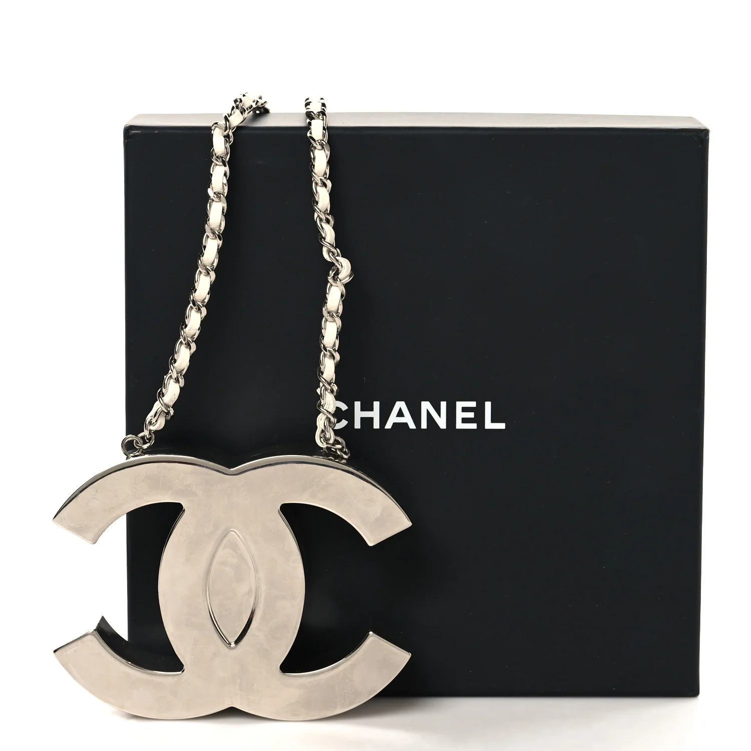 Metal Lambskin CC Mirror Crossbody Necklace Silver White
